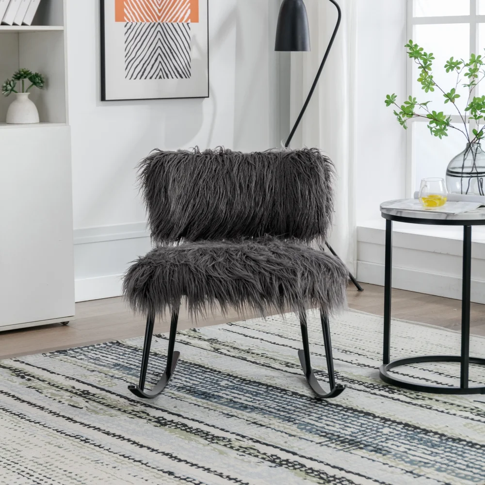 DeeHome 25.2'' Wide Faux Fur Plush Nursery Rocking Chair, Baby Nursing Chair with Metal Rocker, Fluffy Upholstered Glider Chair, Comfy Mid Century Modern Chair for Living Room, Bedroom (Gray)