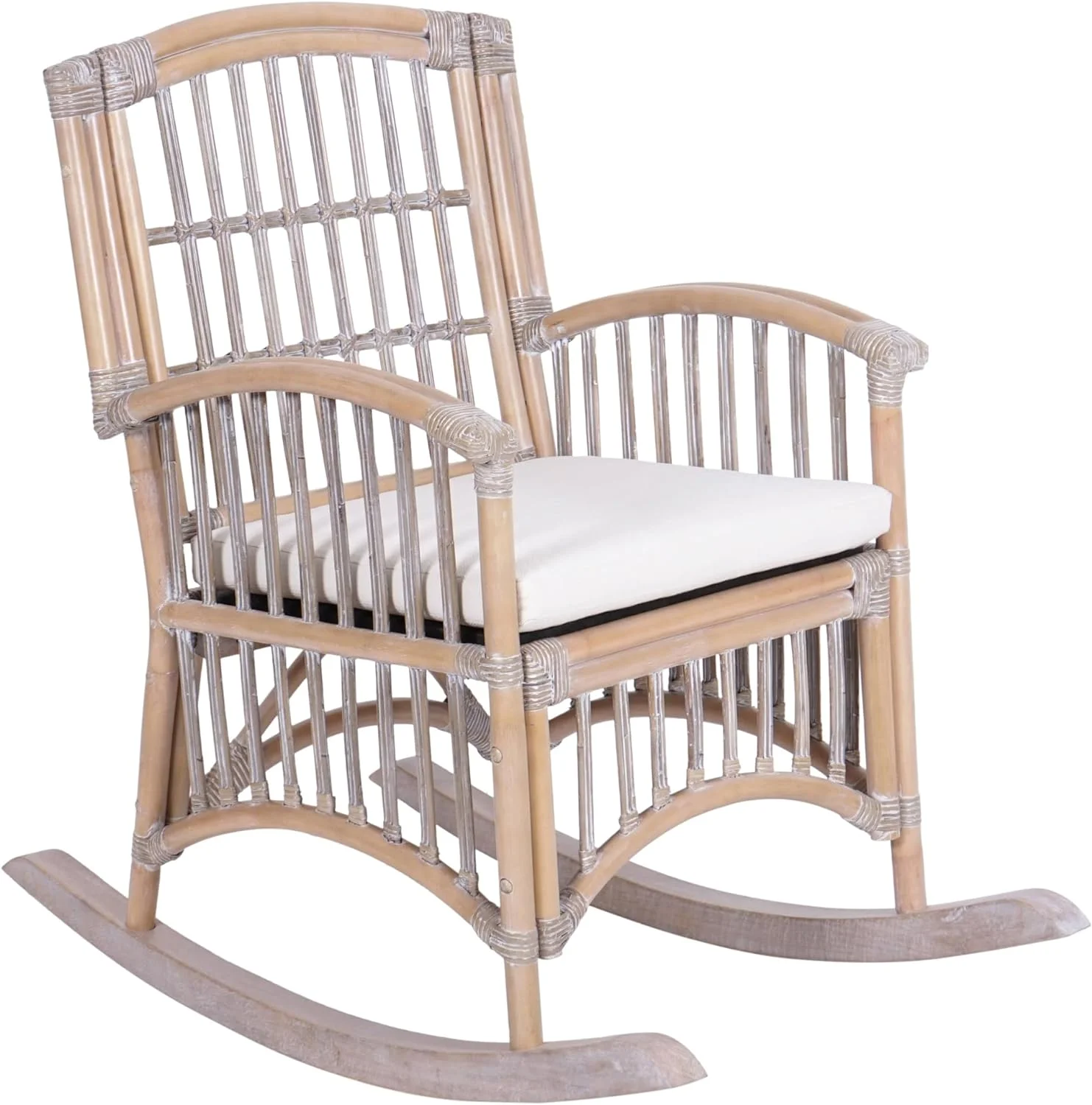 KUANGHENG RCK200B Swayze Bohemian Farmhouse Woven Rattan/Wood Rocking Chair White Cushion with Gray/White Wash Frame for Home, Living Room, Kids Room, Nursery, Bedroom. Guestroom, Foyer, Library