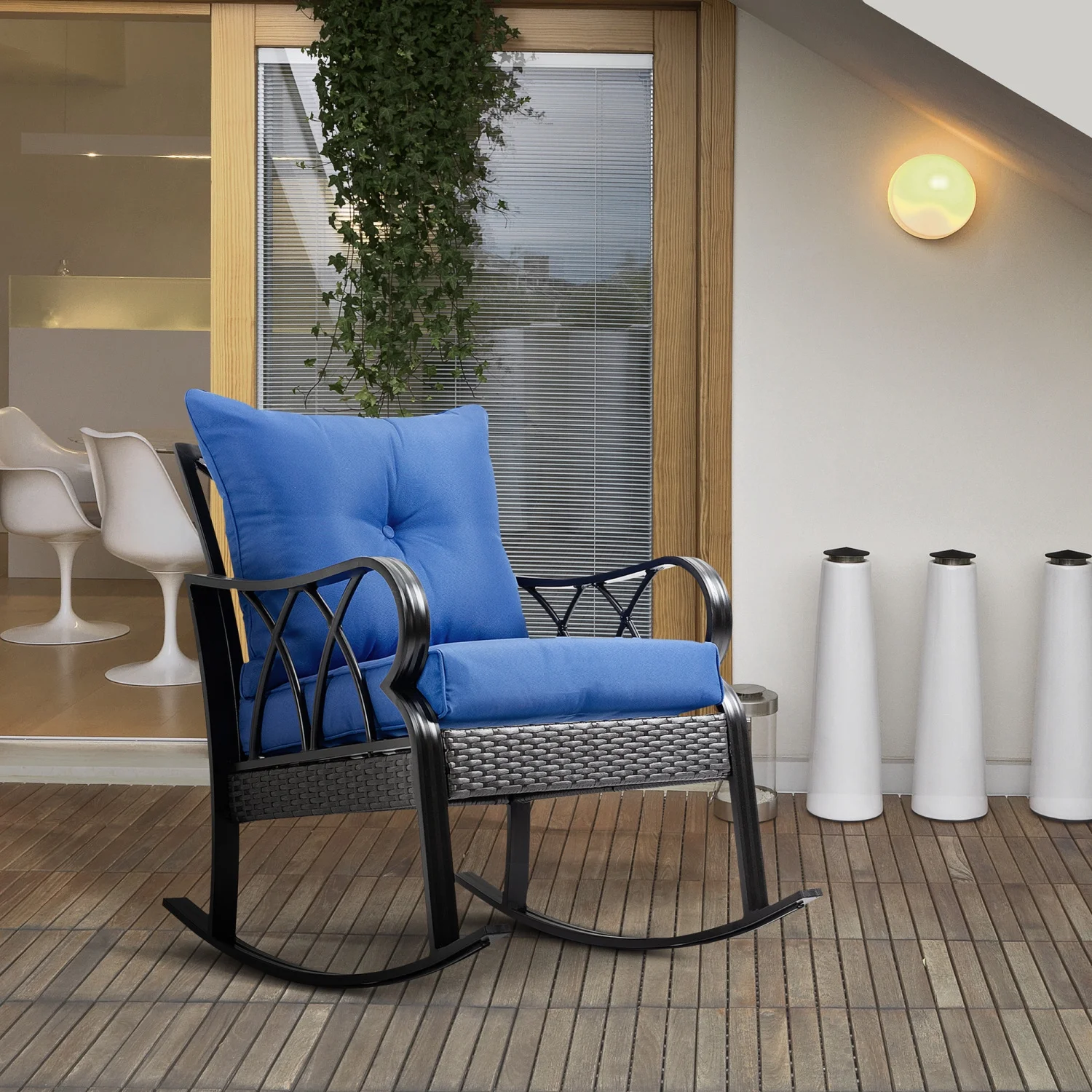 SQEWRED Outdoor Wicker Rocking Chair with Padded Cushions  Aluminum  Rattan Porch Rocker Chair w/ Armrest for Garden  Patio  and Backyard  Blue