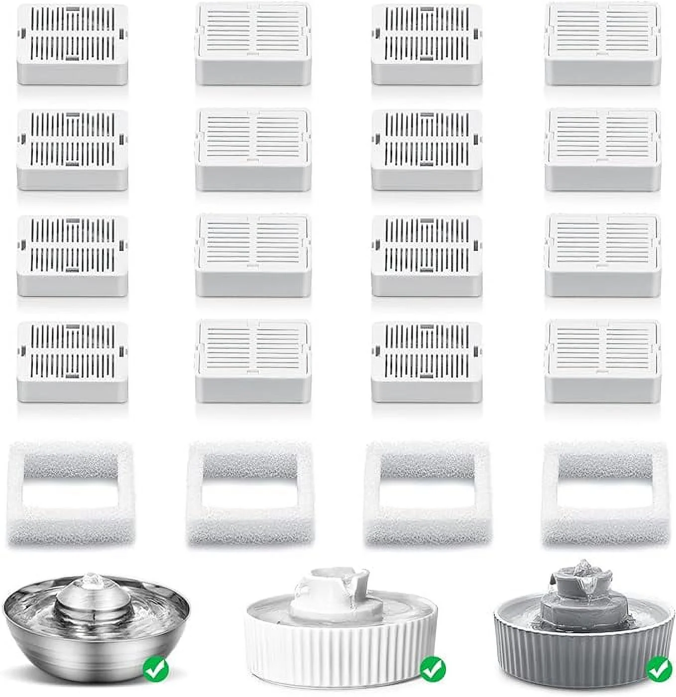 NautyPaws Cat Fountain Replacement Filters, 16 Carbon Filters with 4 Foam Filters, Compatible with Ceramic Cupcake and Wave Cat Fountain and 67oz/2L Stainless Steel Cat Water Fountain(20PACK)