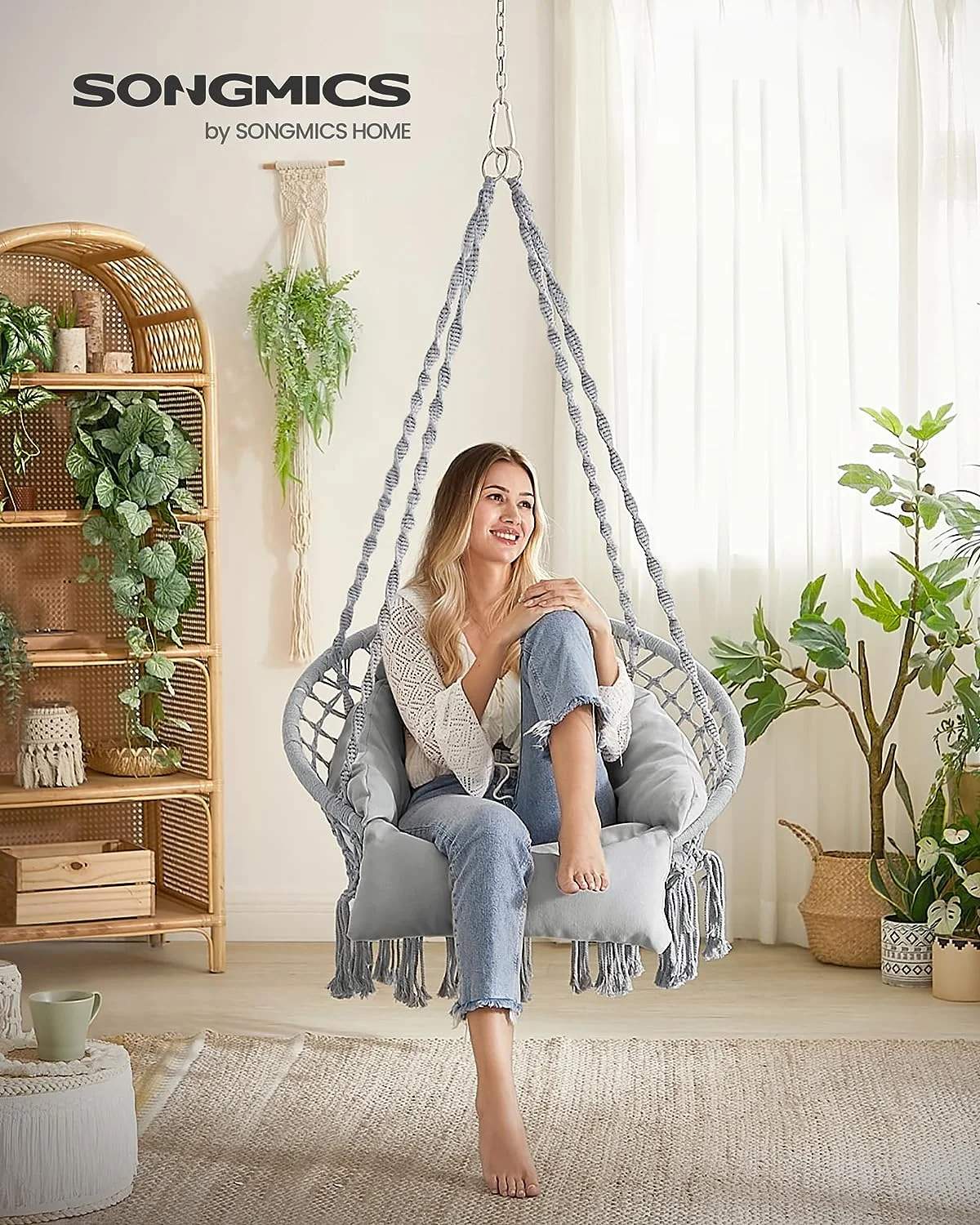KESHENGDA Hanging Chair, Hammock Chair with Large, Thick Cushion, Boho Swing Chair for Bedroom, Patio, Balcony, Garden, Living Room, Holds up to 264 lb, Gray UGDC042G11