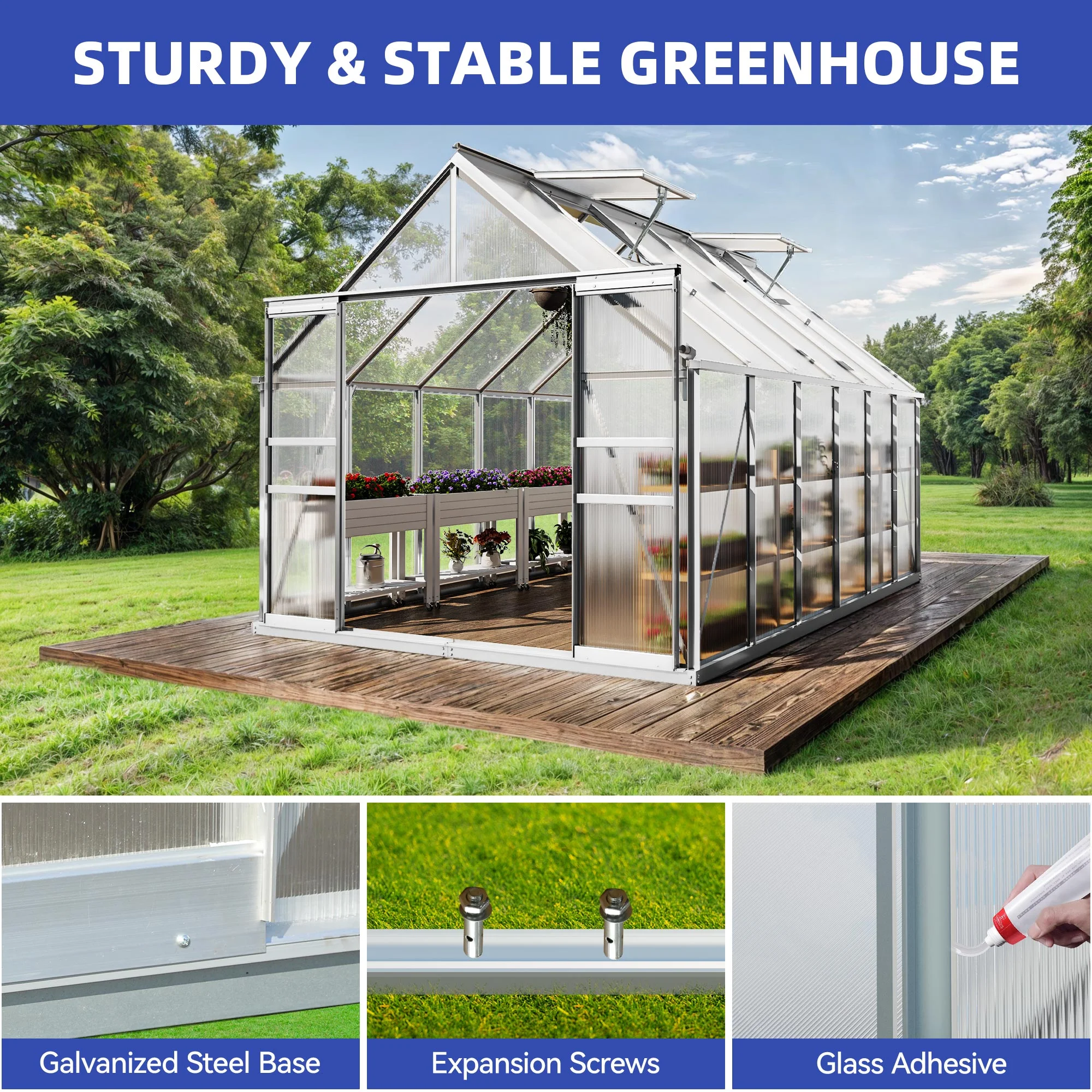 ModFusion–Silver 10x12FT Polycarbonate Greenhouse: Large, Heavy-Duty, UV-Protected, Aluminum Frame, Sliding Doors, Vent Windows, Matte Silver for Outdoor Gardening