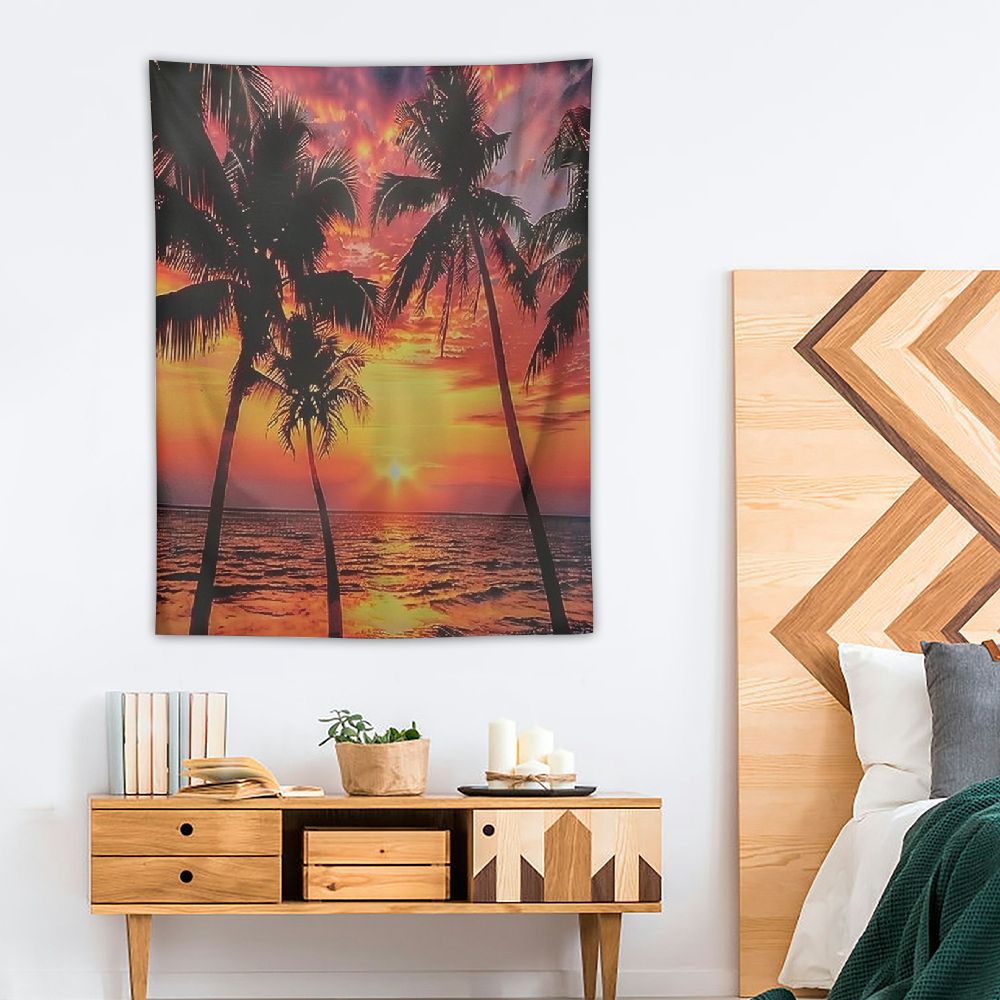 Cbxzyzzc  Tropical Tapestry Queen Size, Sunset Tropical Beach with Palm Trees Peaceful Ocean Evening View Resort, Wall Hanging Bedspread Bed Cover Wall Decor, Queen Size, Black Orange 30x40in