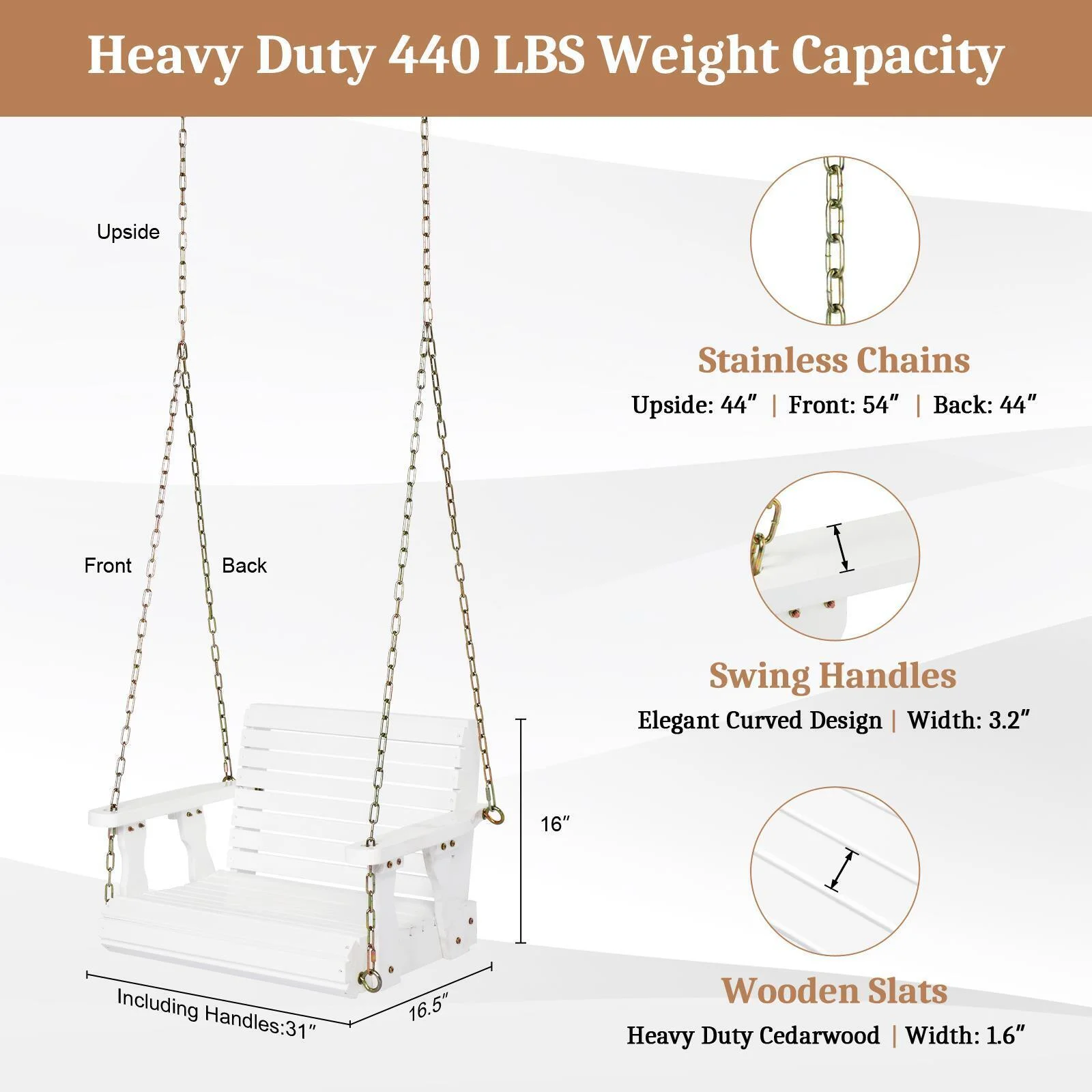 Heavy Duty 440 LBS 1-Person Wooden Patio Porch Swing Outdoor Single Swing Chair