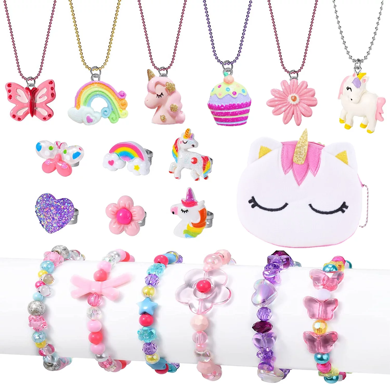 Sytle-Carry 19 Pcs Kids Jewelry for Kids Girls, Toddlers Necklaces Bracelets and Rings Set, Cute Charm Play Jewelry Set, Toys for Kids Girls 3-6 Years