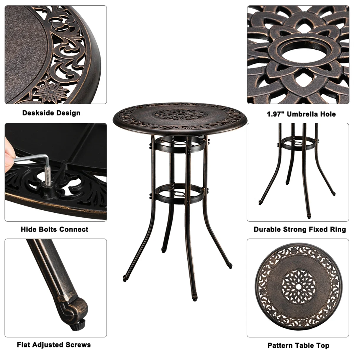 Round Cast Aluminum Dining Table Outdoor Patio Retro Bistro Dining Table with Umbrella Hole