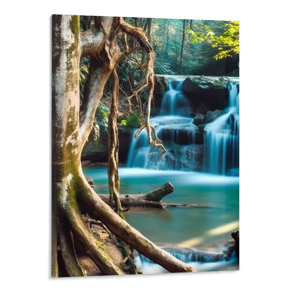 Creowell  Canvas Wall Art Print Waterfall Home Decor Framed Stretched Picture  Painting Artwork Image Nature Landscape Forest-16x20inch