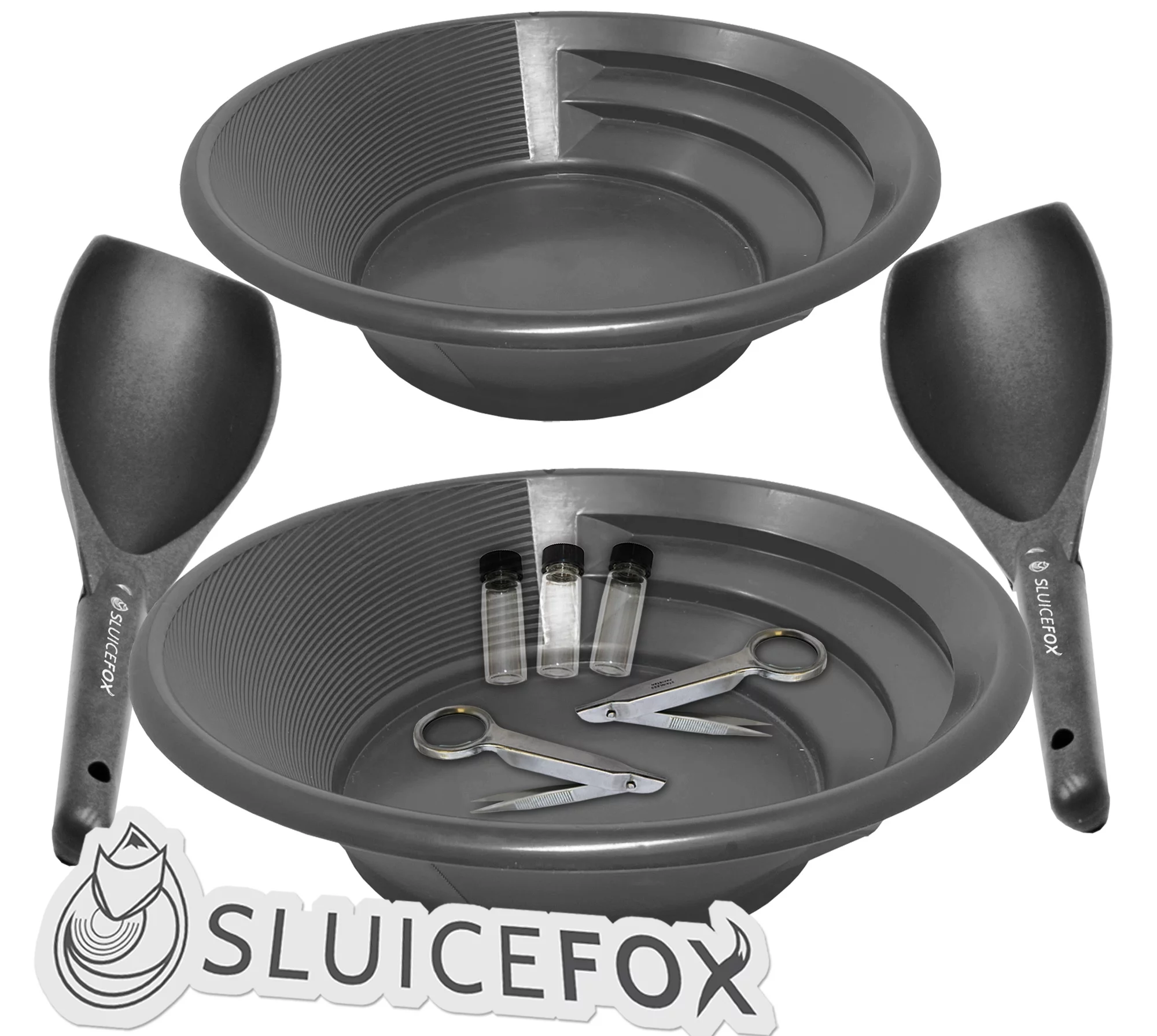 Sluice Fox Gold panning kit for two; Two black gold pans with gold trap and dual riffles, two plastic gold paydirt shovels, two stainless steel magnifying tweezers, and three glass gold storage vials