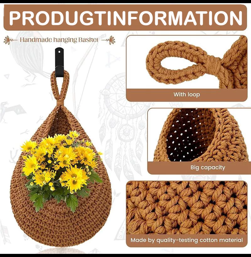 3PCS, Hanging Wall Vegetable Fruit Baskets Jute Hanging Basket Wall planters Teardrop Hanging Basket,Kitchen Hanging Storage Farm House Basket