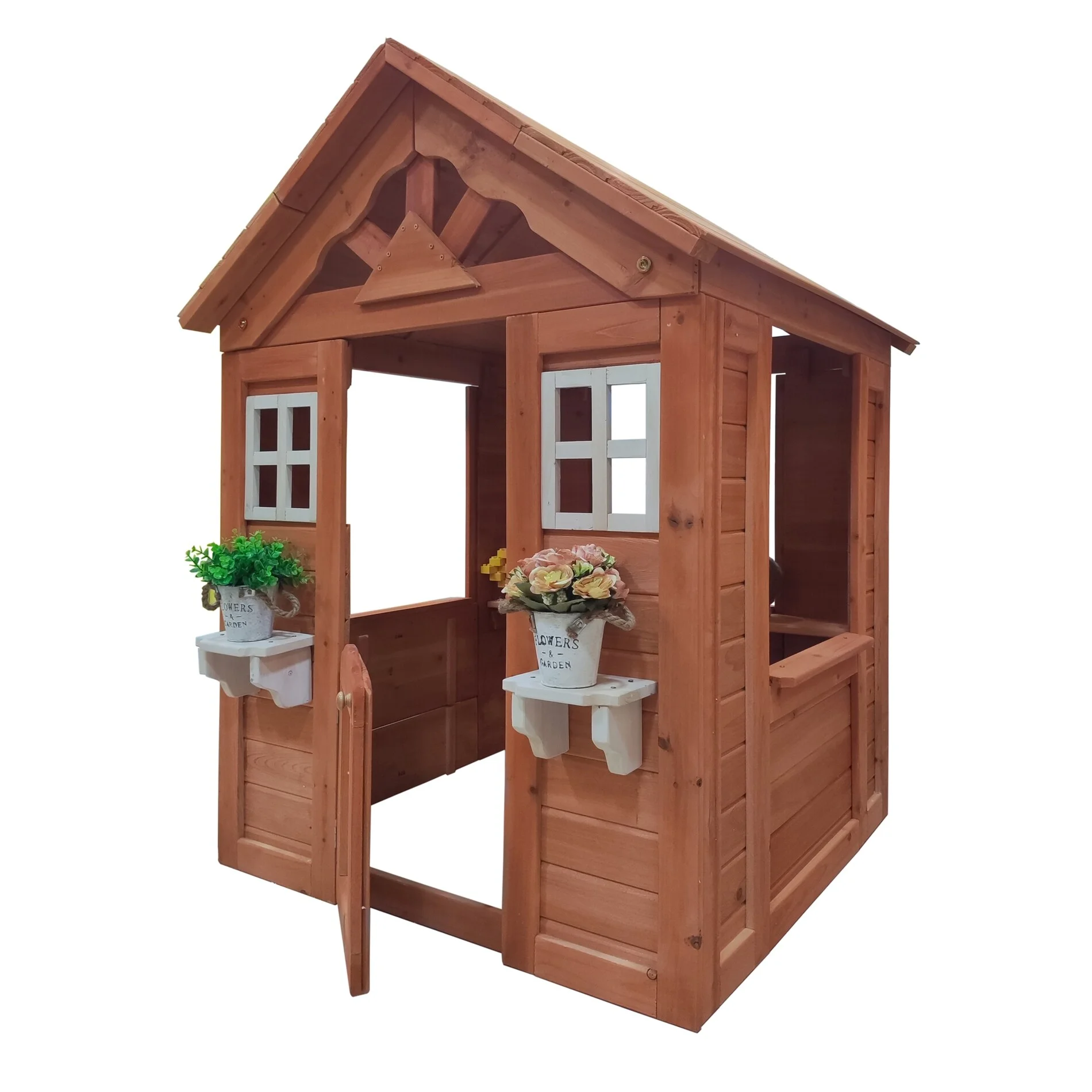 BESTCOSTY Wooden Kids Playhouse with 2 Windows and Flowerpot Holder