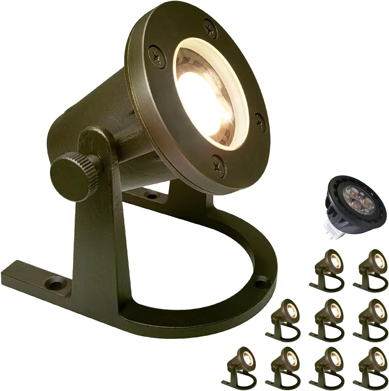 Brass Underwater Lights(Bronze) 10 Pack With 5W LED MR16 Bulb 12V Low Volatge Submersible Waterfall Pool Fountain Light IP68 Waterproof Pond Lights For Underwater Or Outside Water As Spotlight