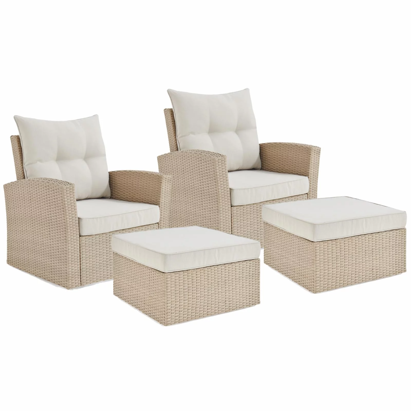 Canaan Cream Wicker Outdoor Seating Set w/ 2 Chairs and 2 Large Ottomans