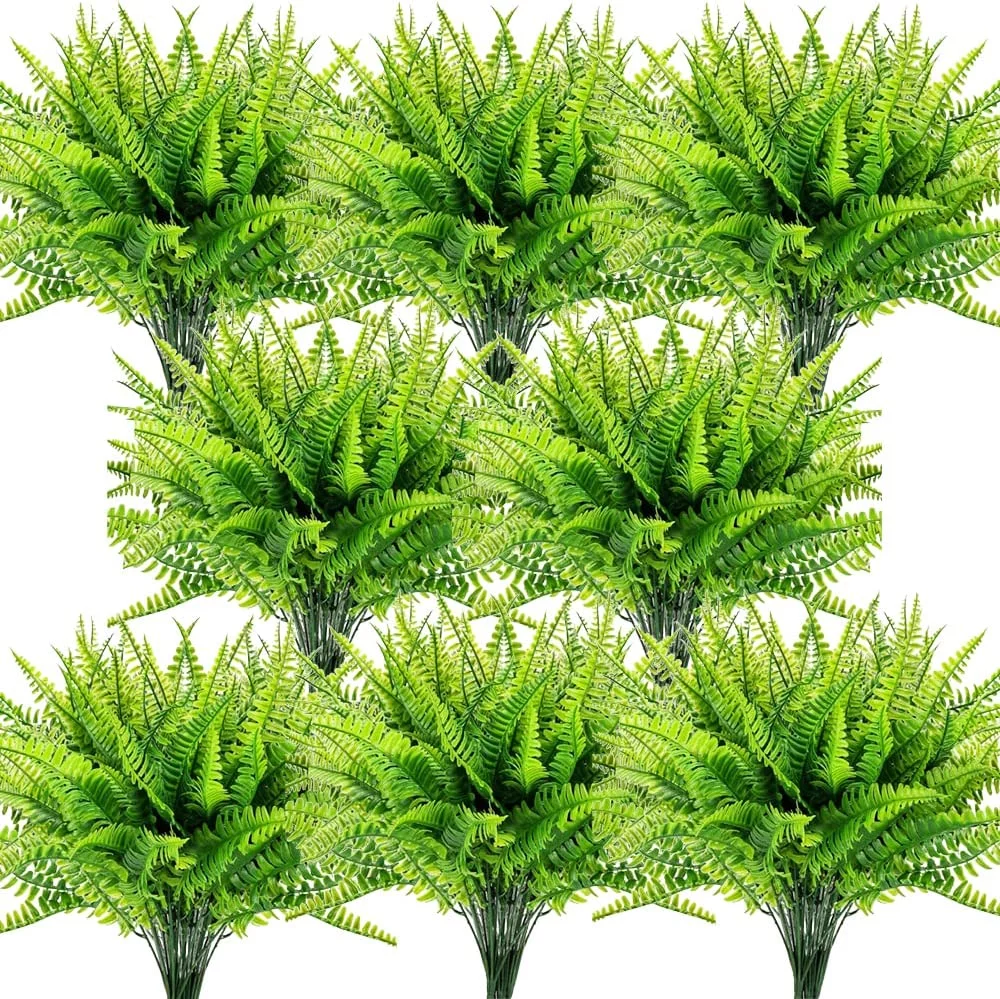 8 bundles Artificial Boston Fern for Outdoors, Fake Plants Greenery Outdoor UV Resistant Bushes Plastic Plants Shrubs for Window Box Front Porch Garden Decor