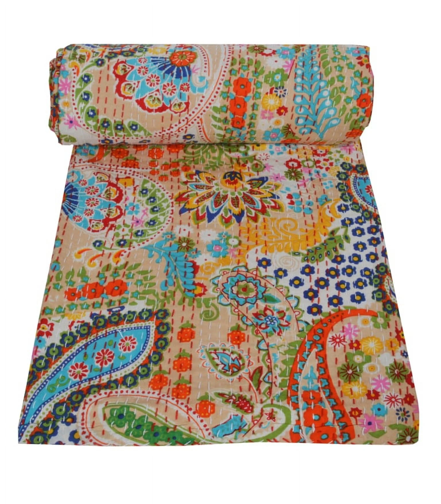 Reversible Bohemian Blanket Beige Paisley Hand Quilted Coverlet Indian Handmade Beige Cotton Kantha Quilts Bedspread Bedding Hippie Throw Ralli