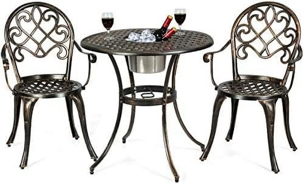 TJCGDTY 3pcs Bistro Table Set Cast Aluminum Outdoor Patio  Set Round Table W/Removable Ice Bucket  2 Chairs Antique Garden  Weather Resistant (Antique Bronze)