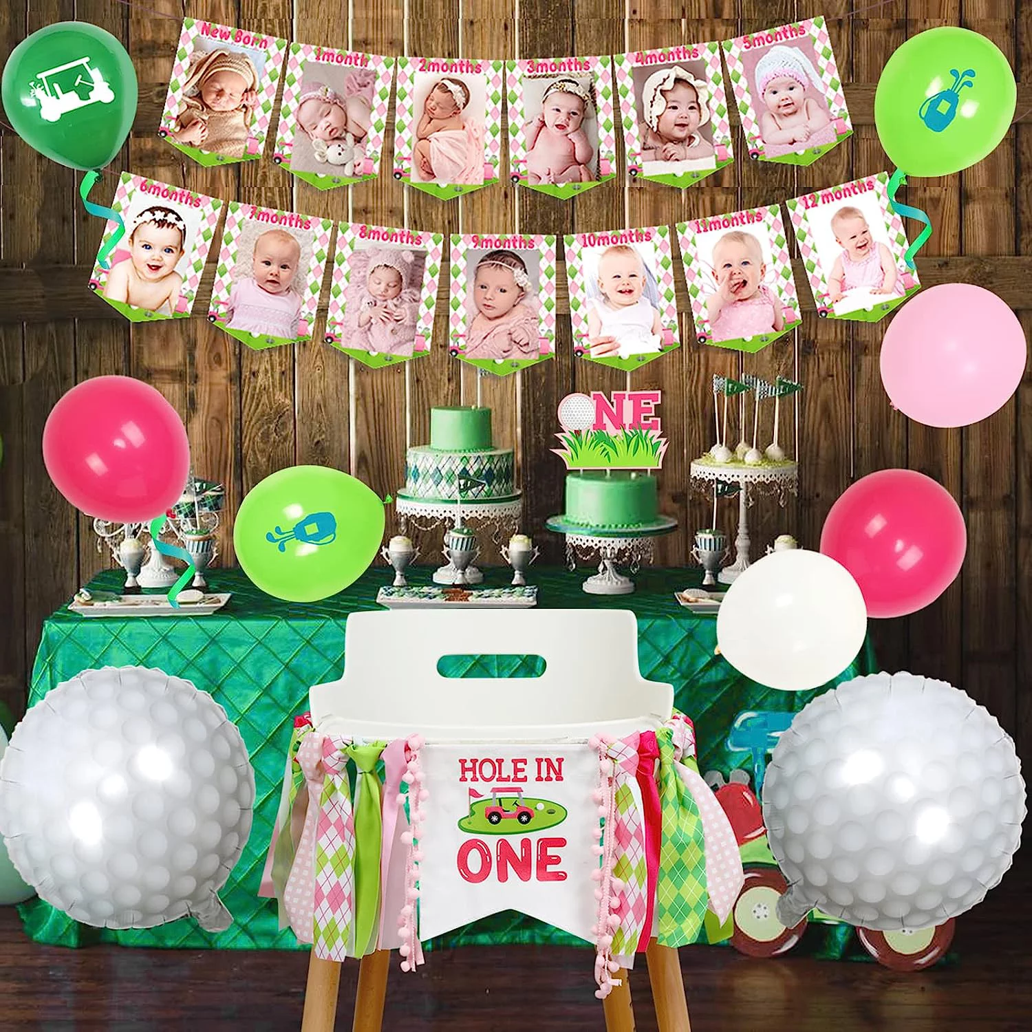 Hole in One Birthday Decorations Girl, Pink and Green Golf 1st Birthday Party Decorations, High Chair Banner, Cake Topper, Monthly Photo Banner, Foil Balloons, Outdoor Sports Theme Party Supplies