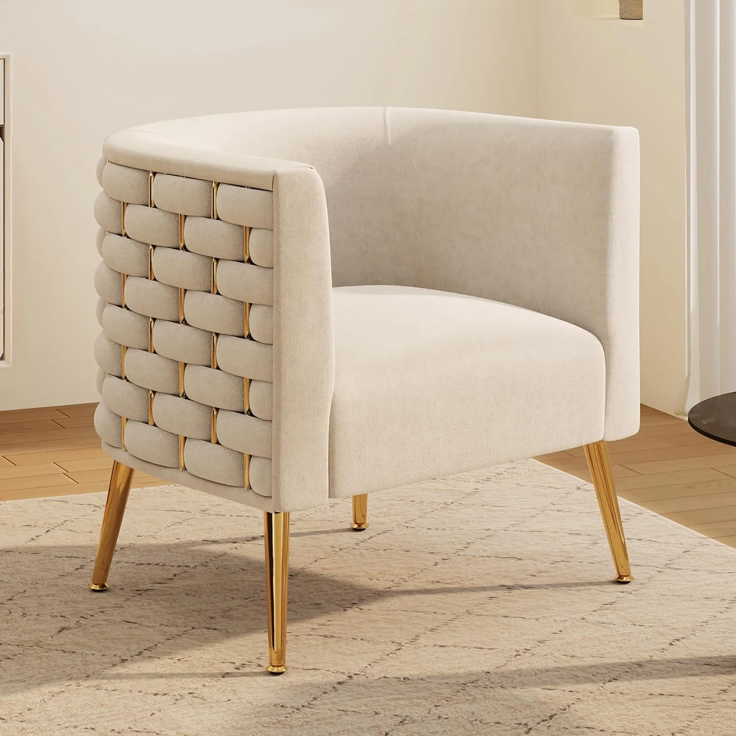 Modern Velvet Barrel Accent Chair, Comfy Wide Handmade Woven Bucket Arm Chair, Fluffy Tufted Upholstered Single Sofa Chair for Living Room, Bedroom, Office, Waiting Room(Beige)