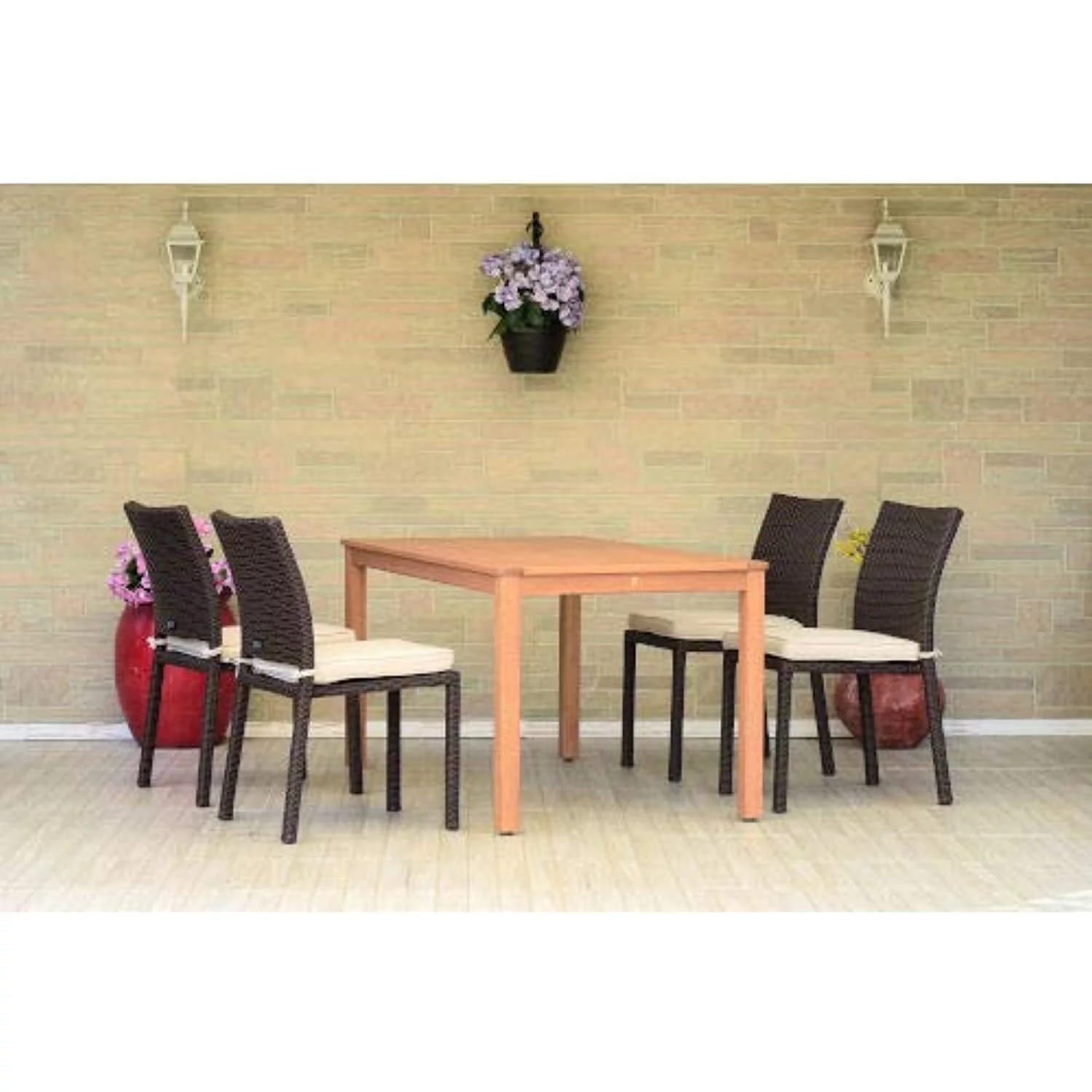 Amazonia Brooklyn 5 Piece Rectangular Eucalyptus Patio Dining set  Teak Finish and Grey Wicker Chairs  Durable and Ideal for Outdoors