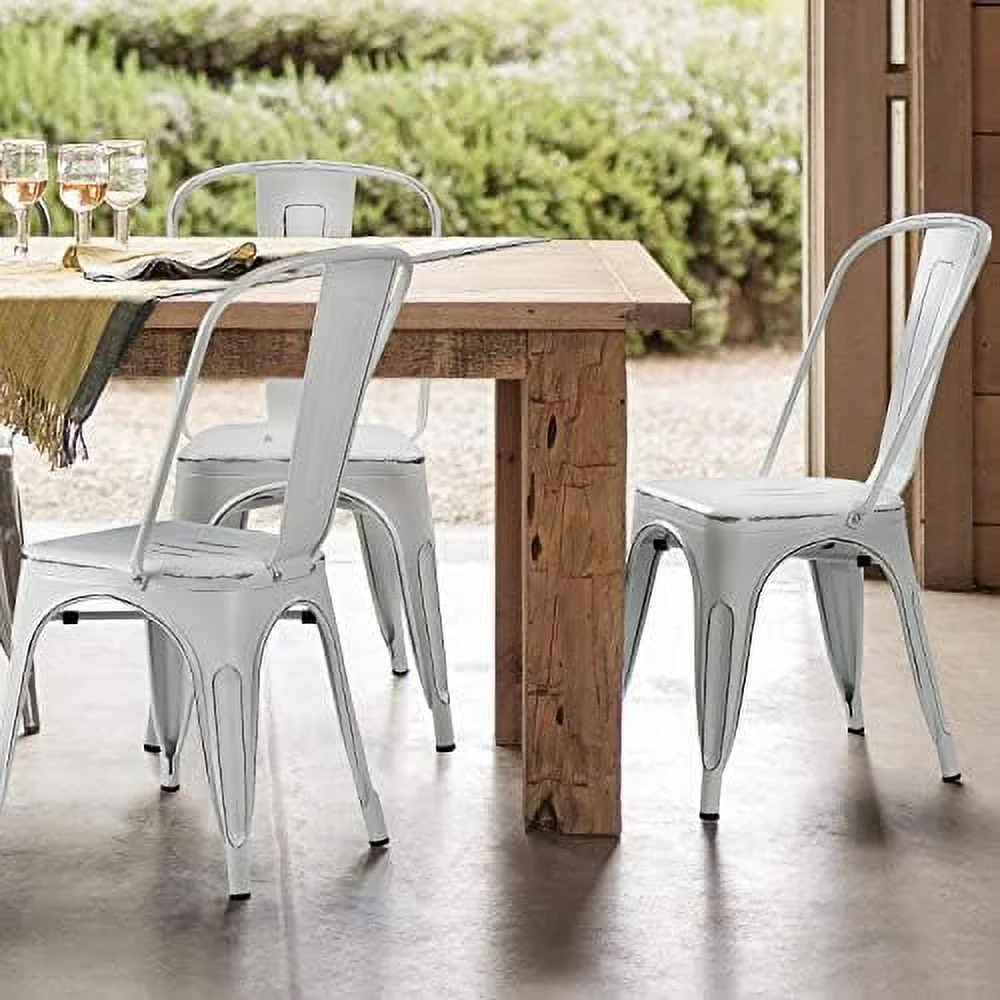 YPDCHB Metal Indoor-Outdoor Chairs Distressed Style Kitchen Dining Chairs Stackable Side Chairs with Back Set of 4 (Silver)