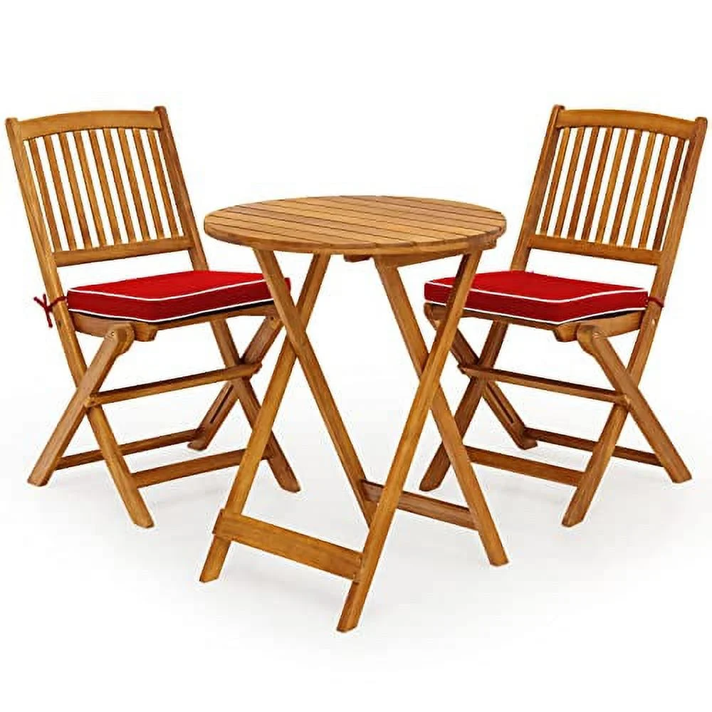 LDAILY 3 Pieces Patio Bistro Set, Garden Folding Furniture Set, Acacia Wooden Table & 2 Padded Cushion Chairs, Round Coffee Table Set, Patio Furniture Set for Porch, Backyard, Balcony (Red)