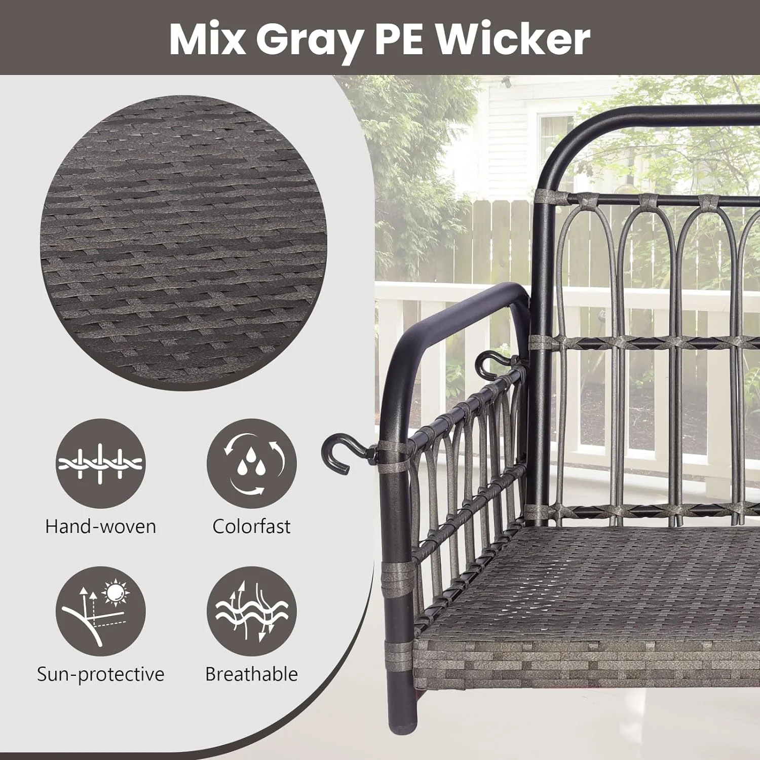 Outdoor Wicker Porch Swings - 880 LBS Weight Hanging Swing with Cushions,Metal Frame, Ropes, 2 Person Love-seat, Outside Hanging Chair, Patio Swing Bench for Garden,  Mix Gray