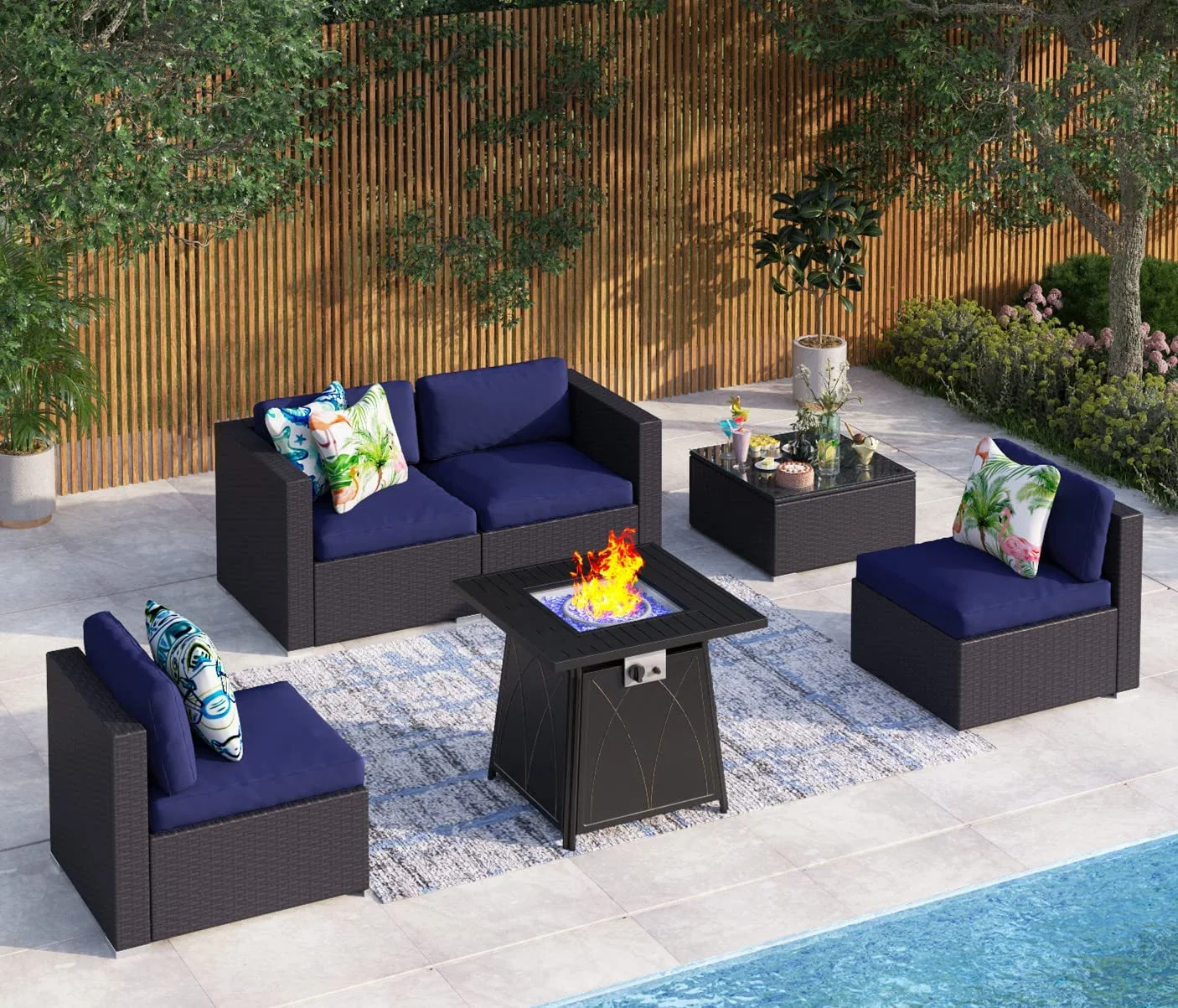 8 Pieces Patio Furniture Set with 45" Plate Embossing Propane Fire Table Outdoor PE Rattan Sectional Sofa Set Patio Gas Fire Pit Conversation Set with Blue Cushions & Glass Table