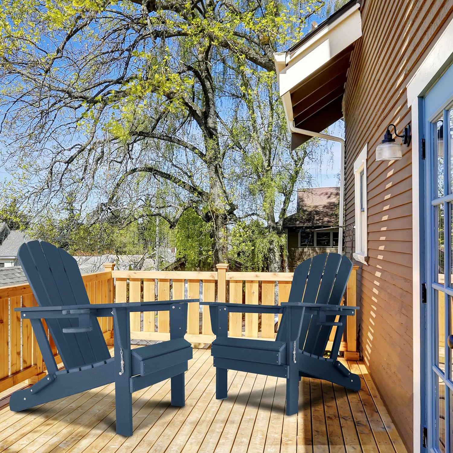 Folding Adirondack Chair Gardens, Fire Pit Chair with Plastic Cup Holder, Decks, Seaside Weather Resistant, Waterproof, Easy to Assemble (Navy Blue)