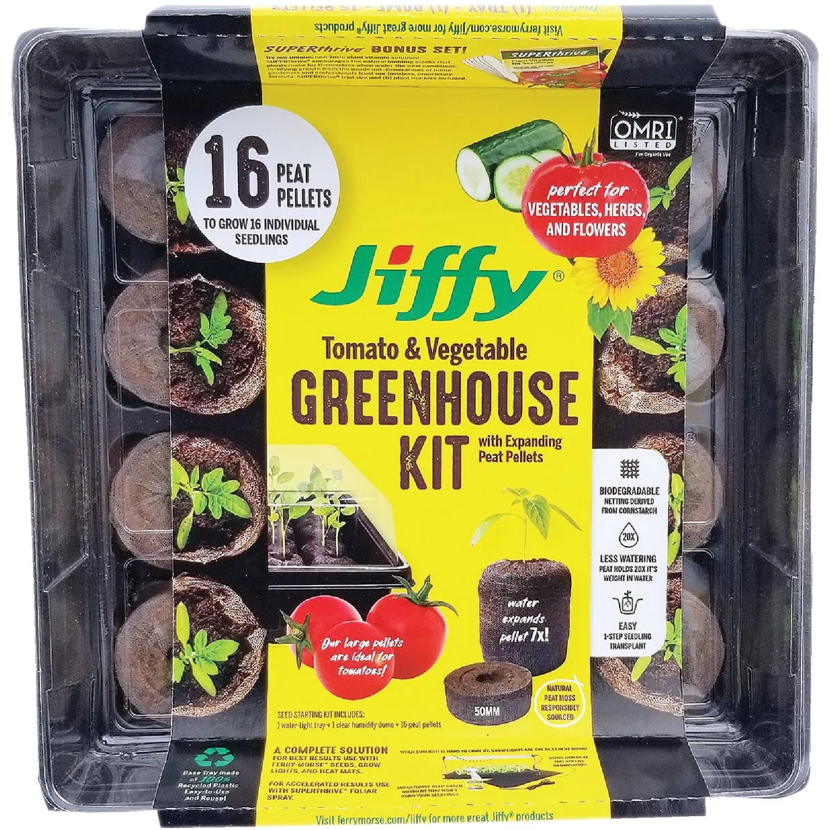 1 PK, Jiffy 16-Cell 11 In. W. x 11 In. L. Seed Starter Greenhouse Kit with Superthrive