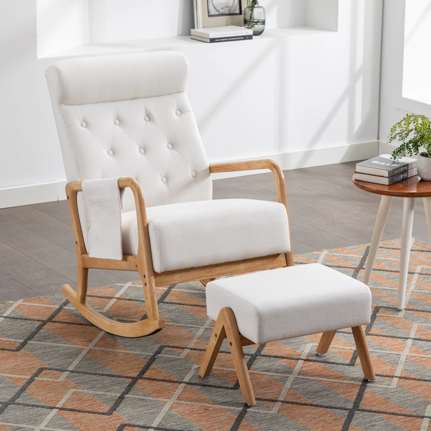 COOLMORE Rocking Chair With Ottoman  Mid-Century Modern Upholstered Fabric Rocking Armchair  Rocking Chair Nursery with Thick Padded Cushion  High Backrest Accent Glider Rocker Chair for