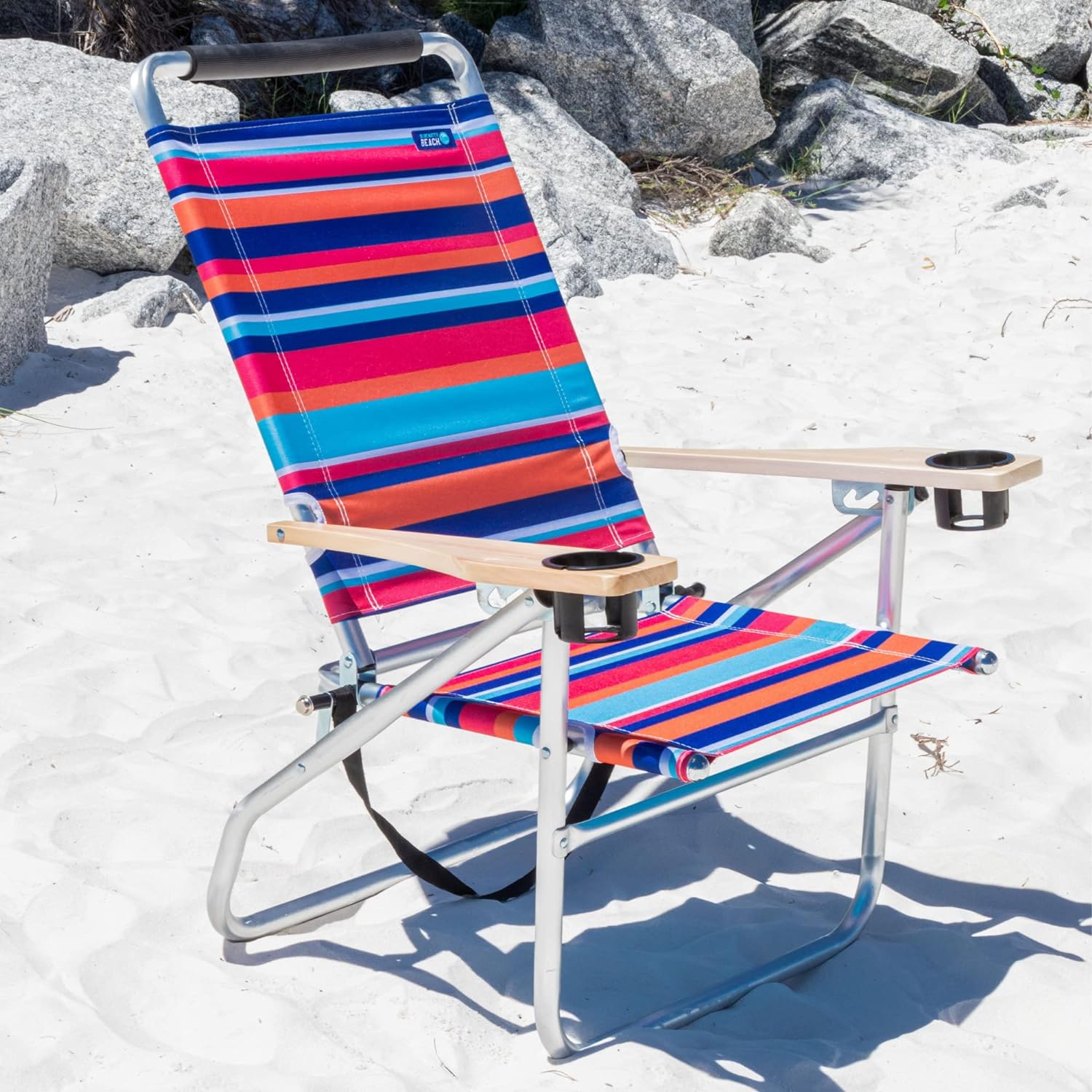 Deluxe Beach Chair, 3 Reclining Positions, 250 lb Capacity, Lightweight Aluminum, Stripe Green-Blue-Orange