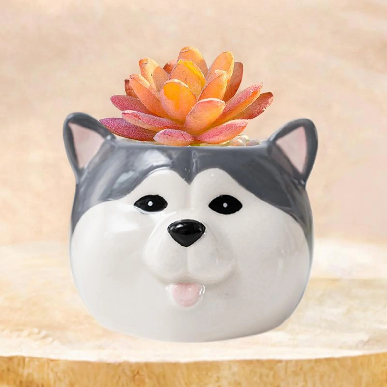 kesoto Porcelain Cartoon Dog Puppy Figurine Planter Table Ornament with Drainage Holes Flower Plant Pot for Indoor Outdoor Versatile Husky