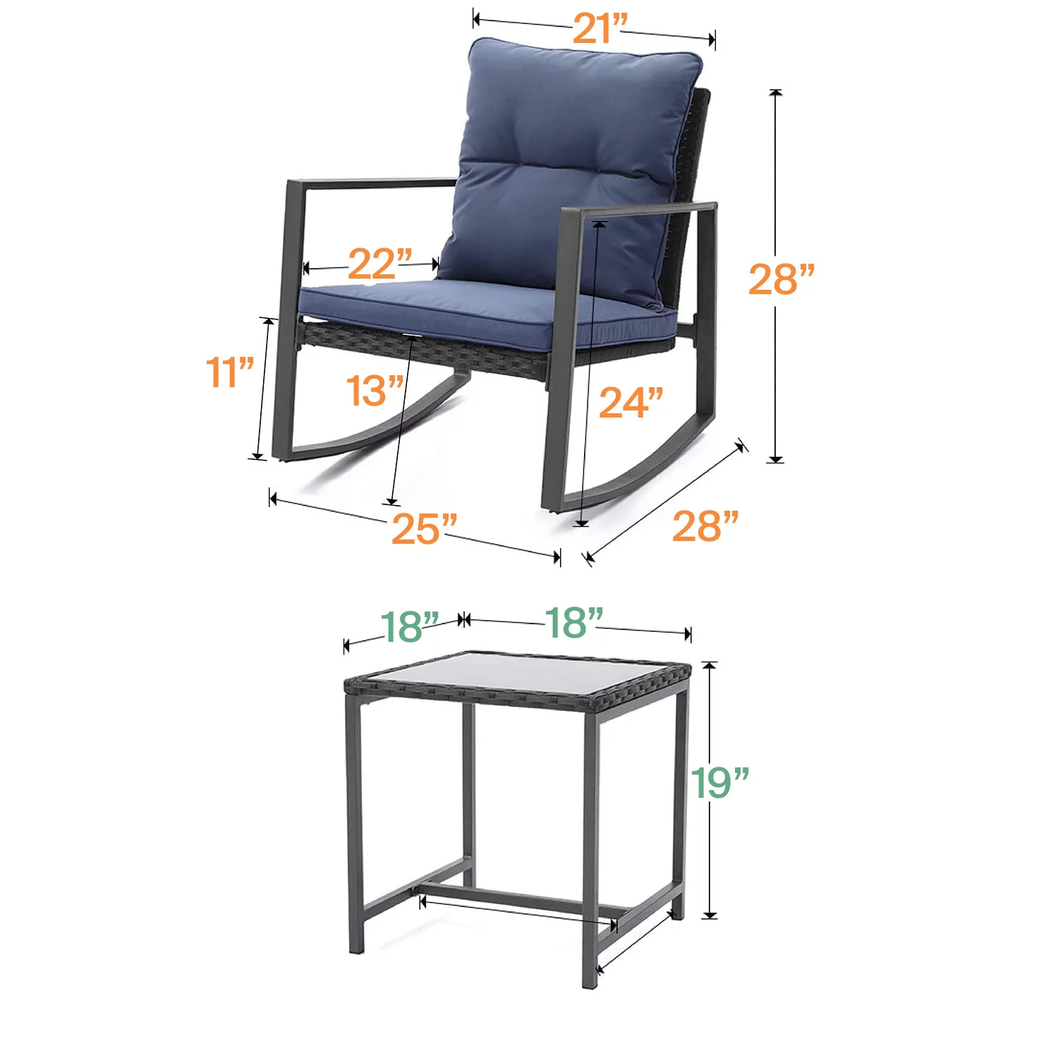 Acantha 3-Piece Porch Sturdy Furniture Set -2 Soft Cushion Metal Chairs With a Glass Coffee Table - Dark Blue