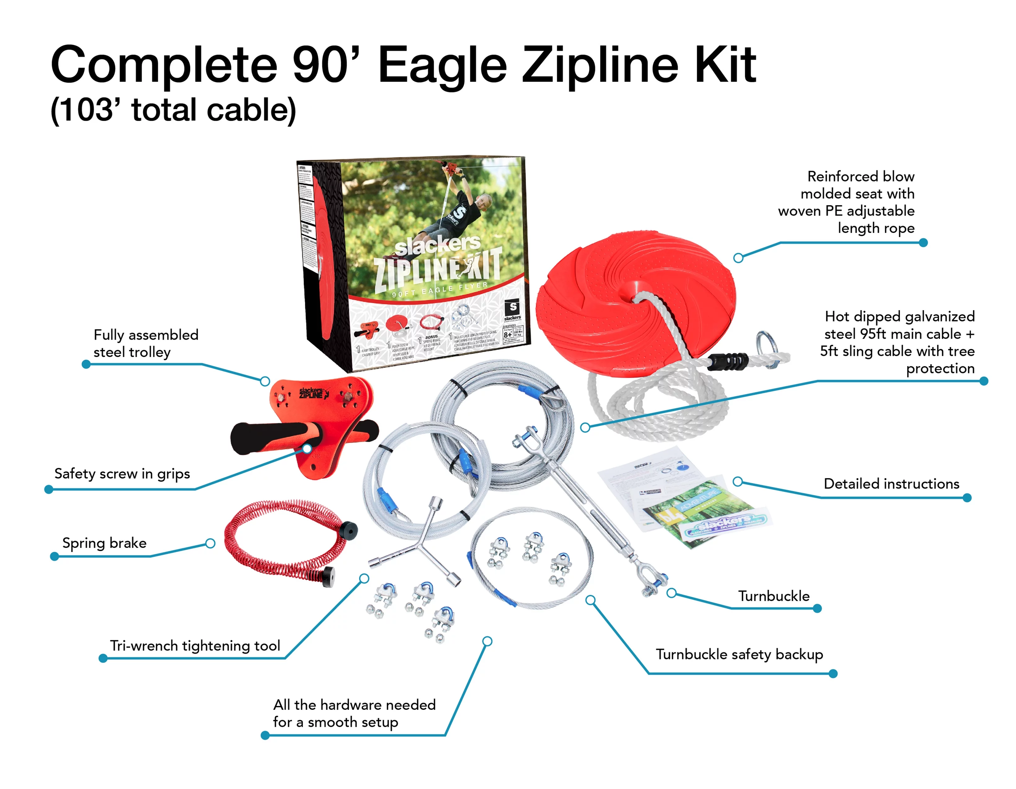 Slackers 90' Zipline Kit with Seat and Bonus Spring Brake System Including Premium Zipline Safety Features