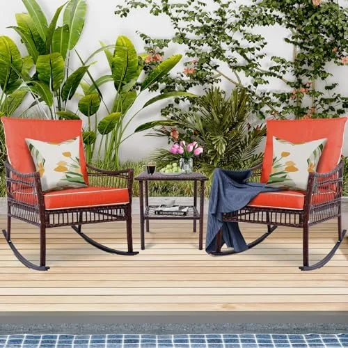 xrboomlife 3 Pieces Patio  Set  Outdoor Rocking Chairs   Wicker Cushioned Patio Rocker with  for Porch  Garden  Poolside & Deck  Orange