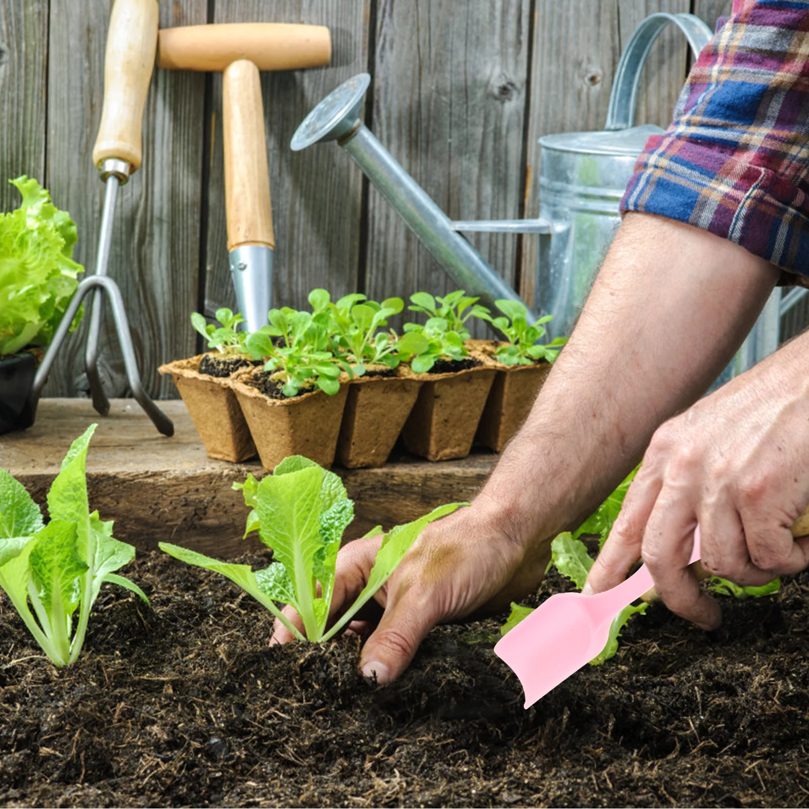 Gongxipen 1 Set/6pcs Mini Garden Hand Tools Garden Plant Shovel Succulent Plants Watering Bottle (6-pieces, Shovel+Air-blowing+Brush+Plant Lifter, Pink)