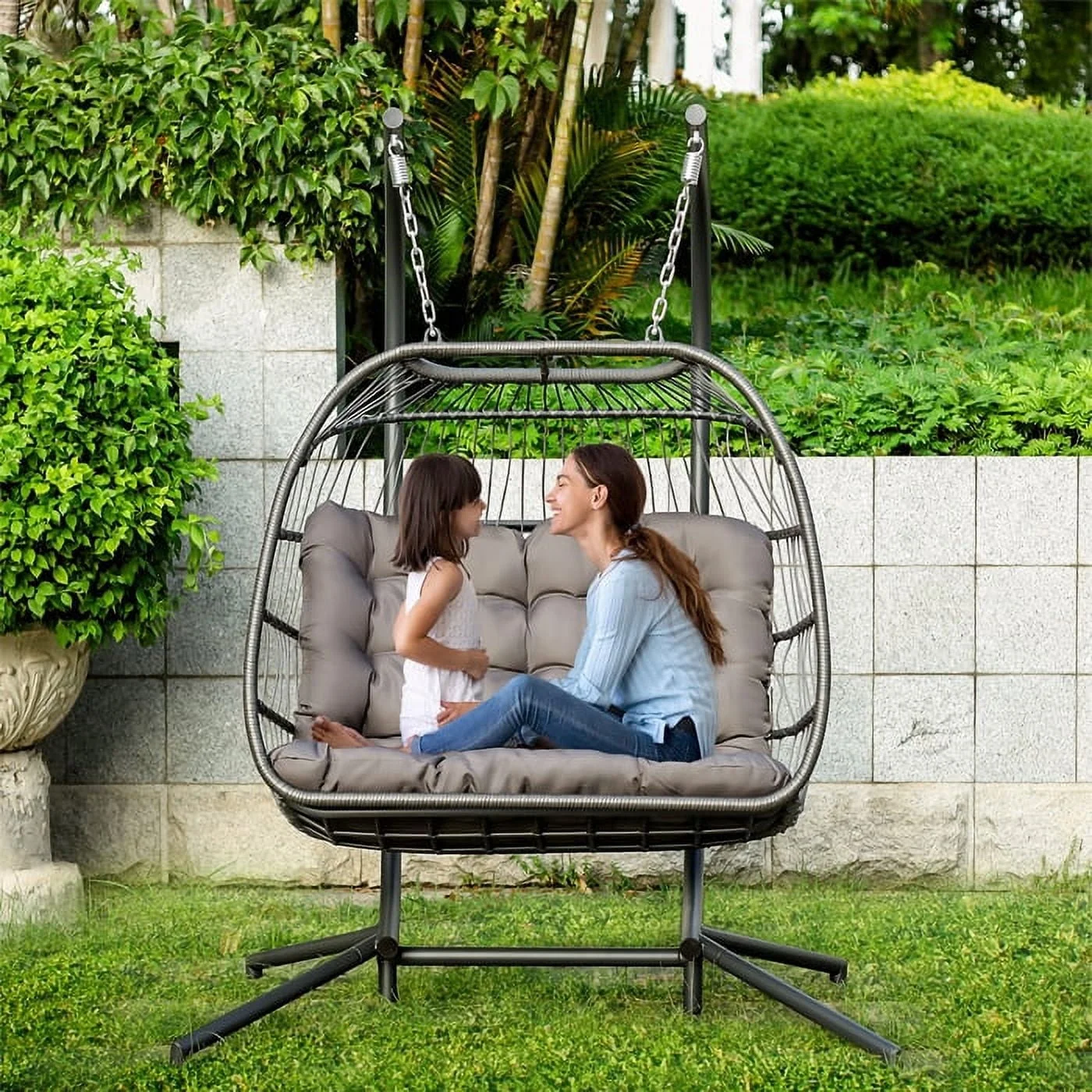 Brafab 2 Person Swing Egg Chair with Sturdy Stand and Fluffy Cushion, Large Double Hand-Woven Wicker Rattan Hanging Egg Chairs, Porch Swing Loveseat for Indoor Outdoor, Dark Grey