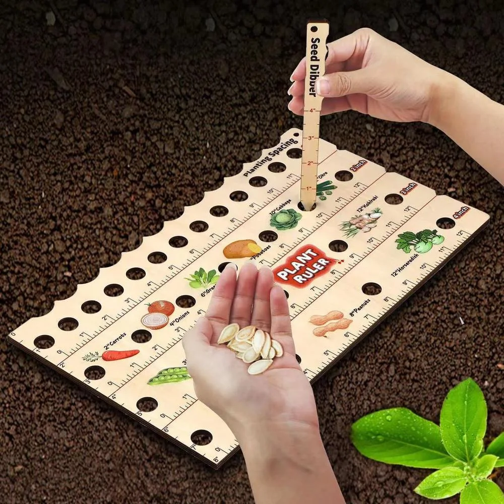 Wooden Plant Ruler with Seed Dibber. Multifunction Seed Spacing Ruler with Plant