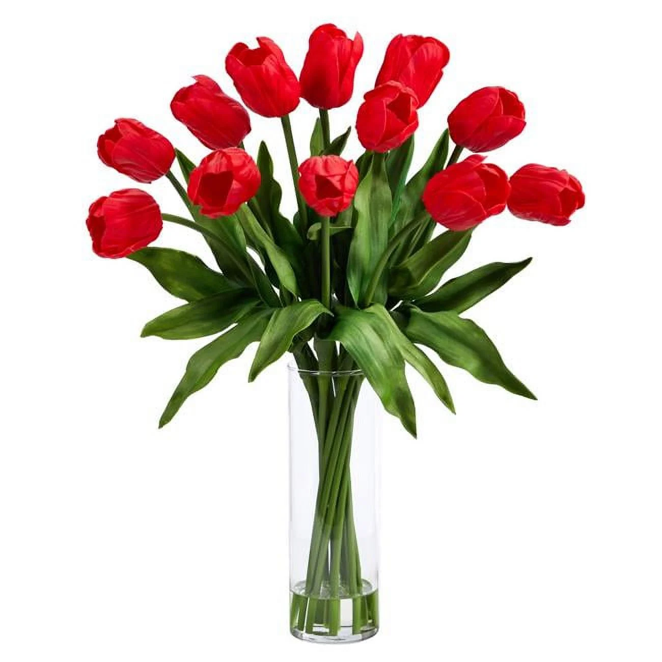 Nearly Natural A1826-RD 23 in. Artificial Tulip Arrangement with Cylinder Glass Vase, Red