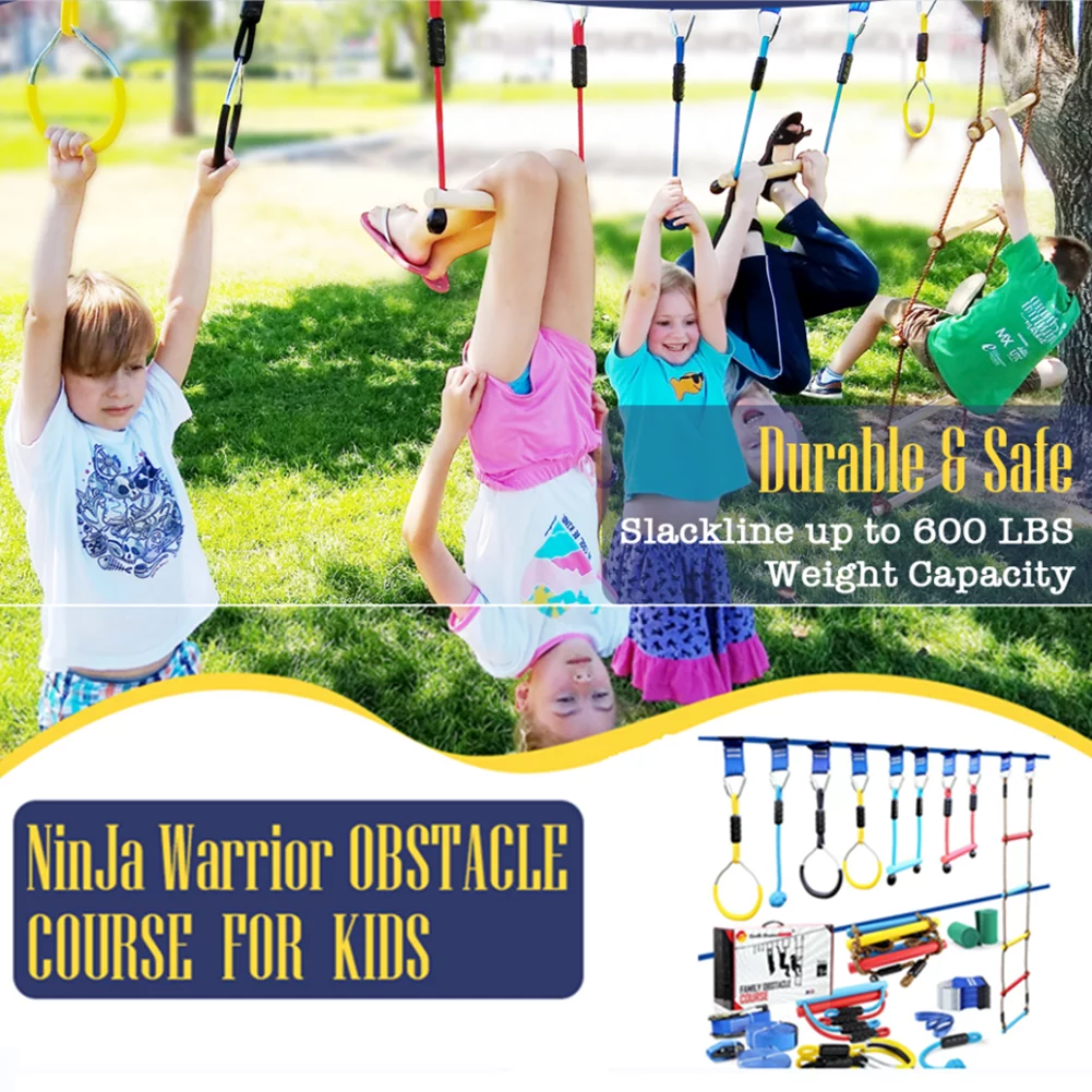 Obstacle Course for Kids, Gentle Booms Backyard Outdoor Playground Sets for Kids Ninja Warrior Obstacle Course Slackline with Climbing Rope Ladder Swing