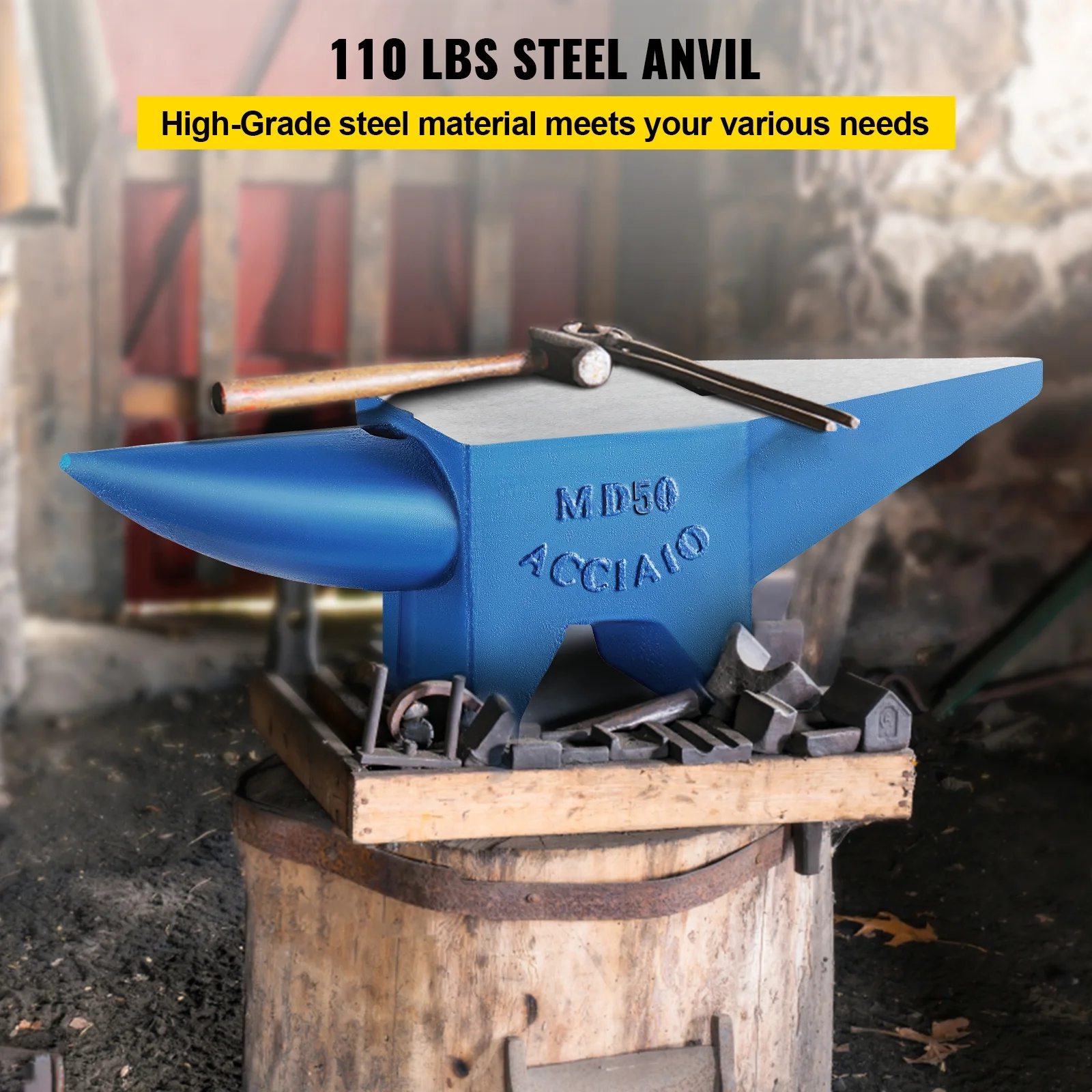 SKYSHALO Single Horn Anvil 110Lbs Cast Steel Anvil Blacksmith for Sale Forge Steel Tools W/ Round and Square Hole and Equipment Anvil Rugged Blacksmith Jewelers Durable and Robust Metal Working Tool