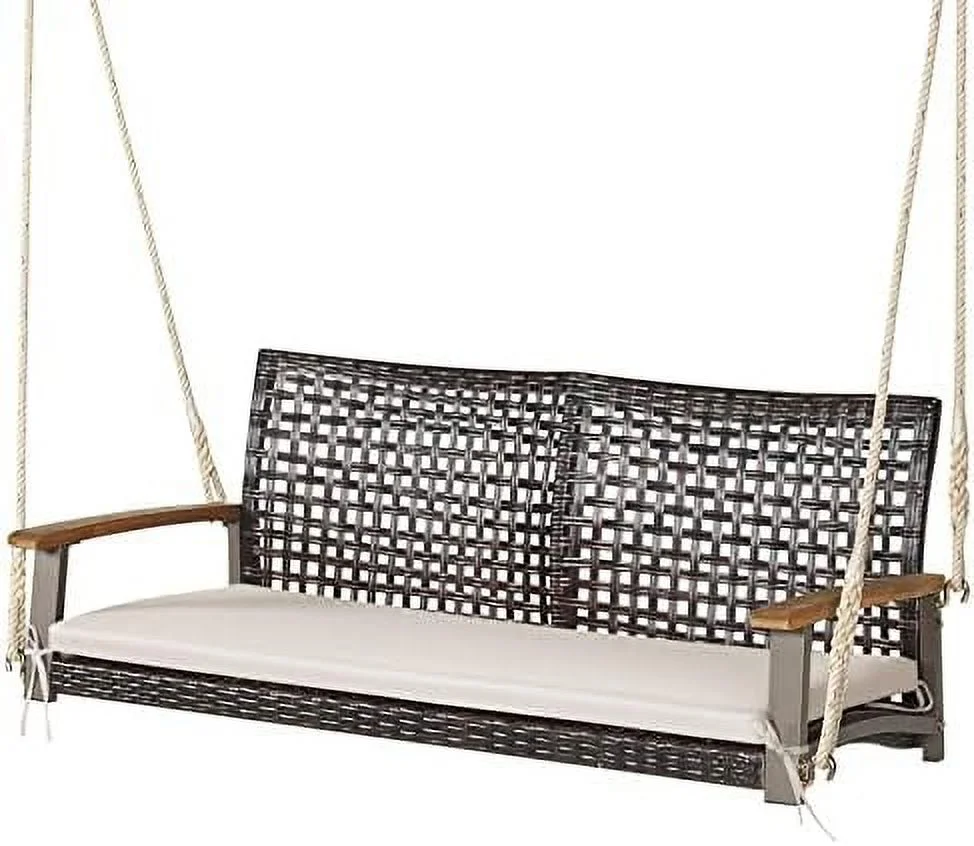 ASDRFYU 2-Seat Rattan Porch Swing Chair  Outdoor Wicker Swing Bench with Seat Cushion & Acacia Wood Armrests  Two 118\u201D Hanging Ropes Included  Patio Hanging Swing Chair for Front