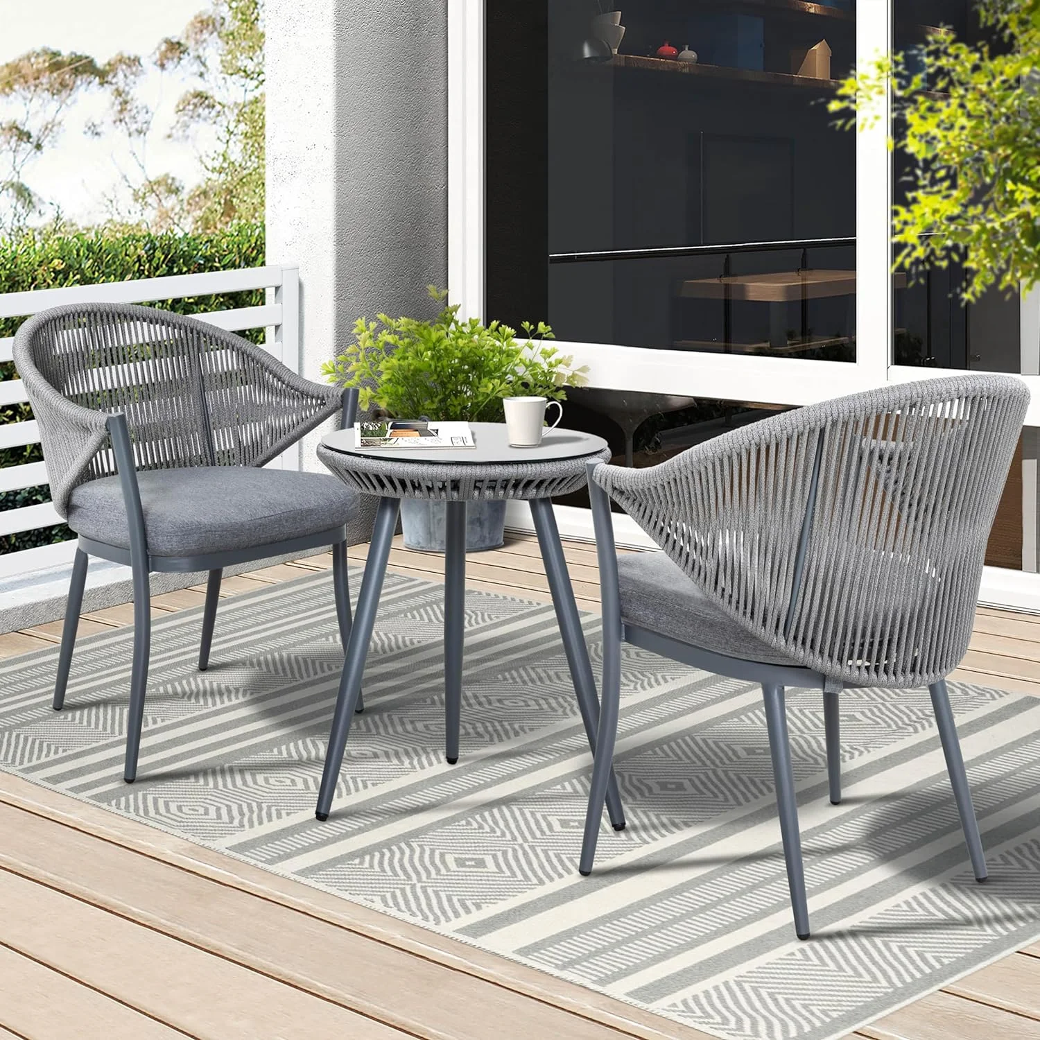 3 Piece Outdoor Bistro Set, Woven Rope Conversation Patio Set, All Weather Aluminum Patio Furniture Chairs And Table With Cushions For Garden, Deck, Backyard, Gray
