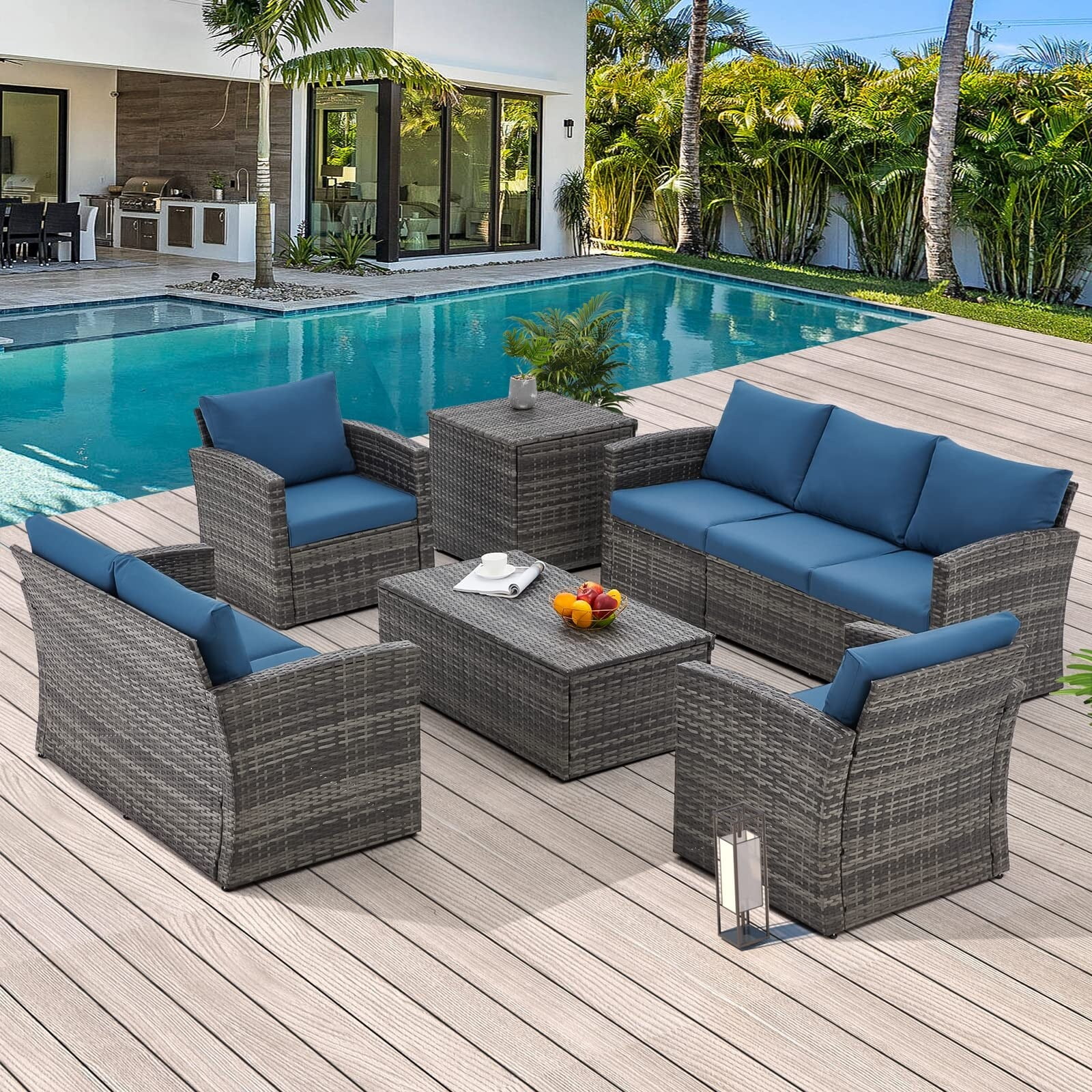 AECOJOY 7-Pieces Patio Sectional Sofa Outdoor Wicker Furniture Set Denim Blue