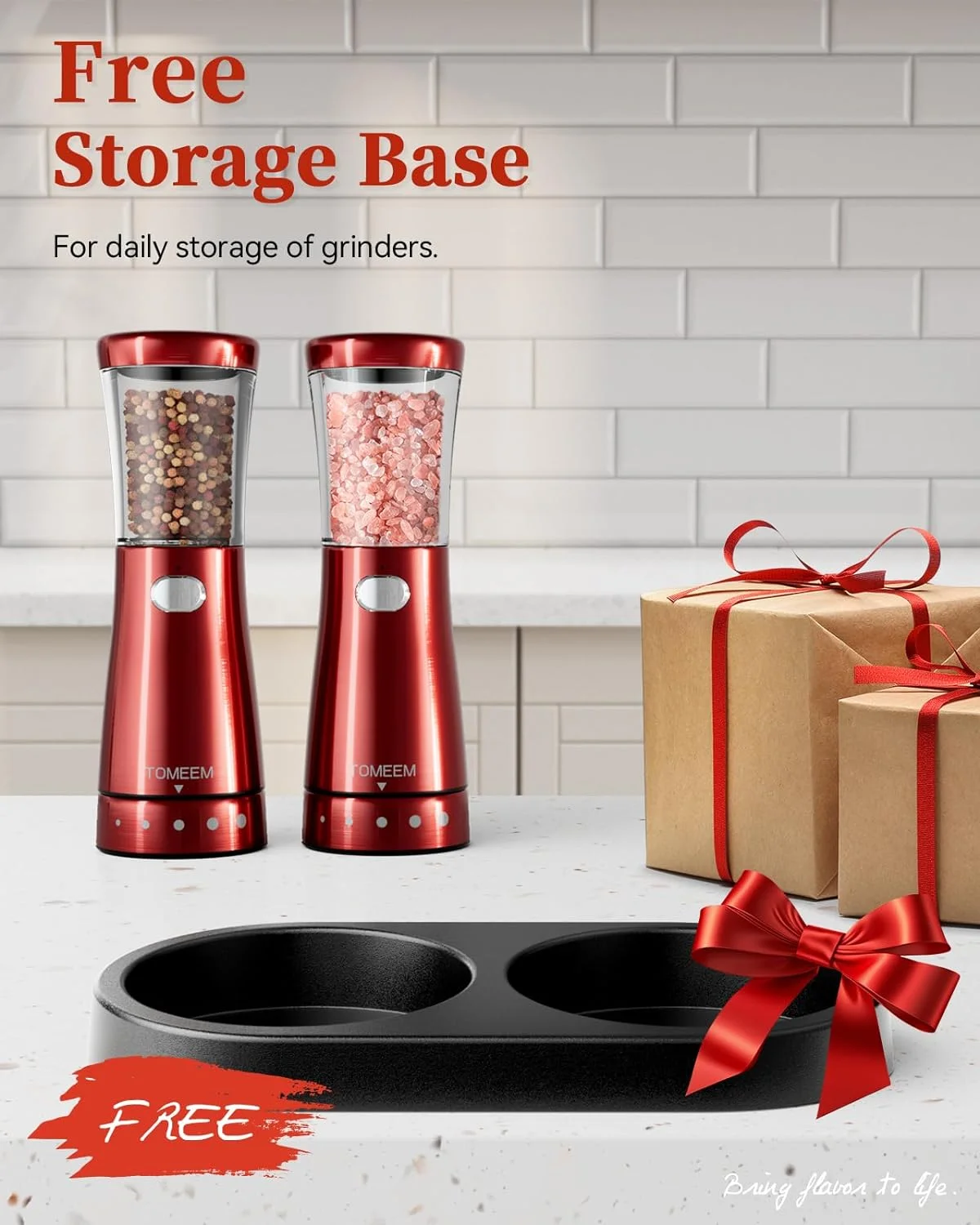 Tomeem Electric Salt and Pepper Grinder Set Rechargeable Stainless Steel Salt and Pepper Shakers Electric with Lights Double Gloss Red
