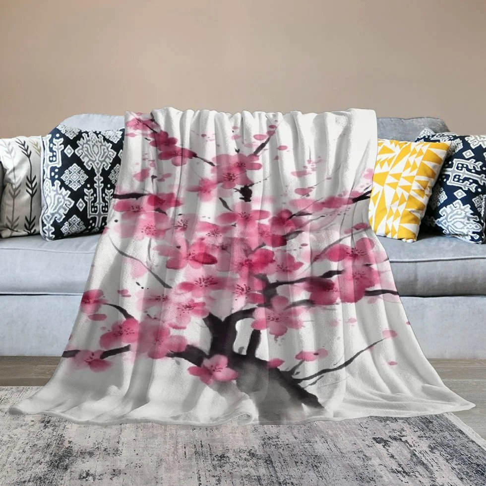 JEUXUS  Pink Flower Sakura Plum Blossom Throw Blanket Cherry Japanese Asian Style Soft and Comfortable Flannel Big Blanket for Bedding Office Sofa and Chair Decor Gift