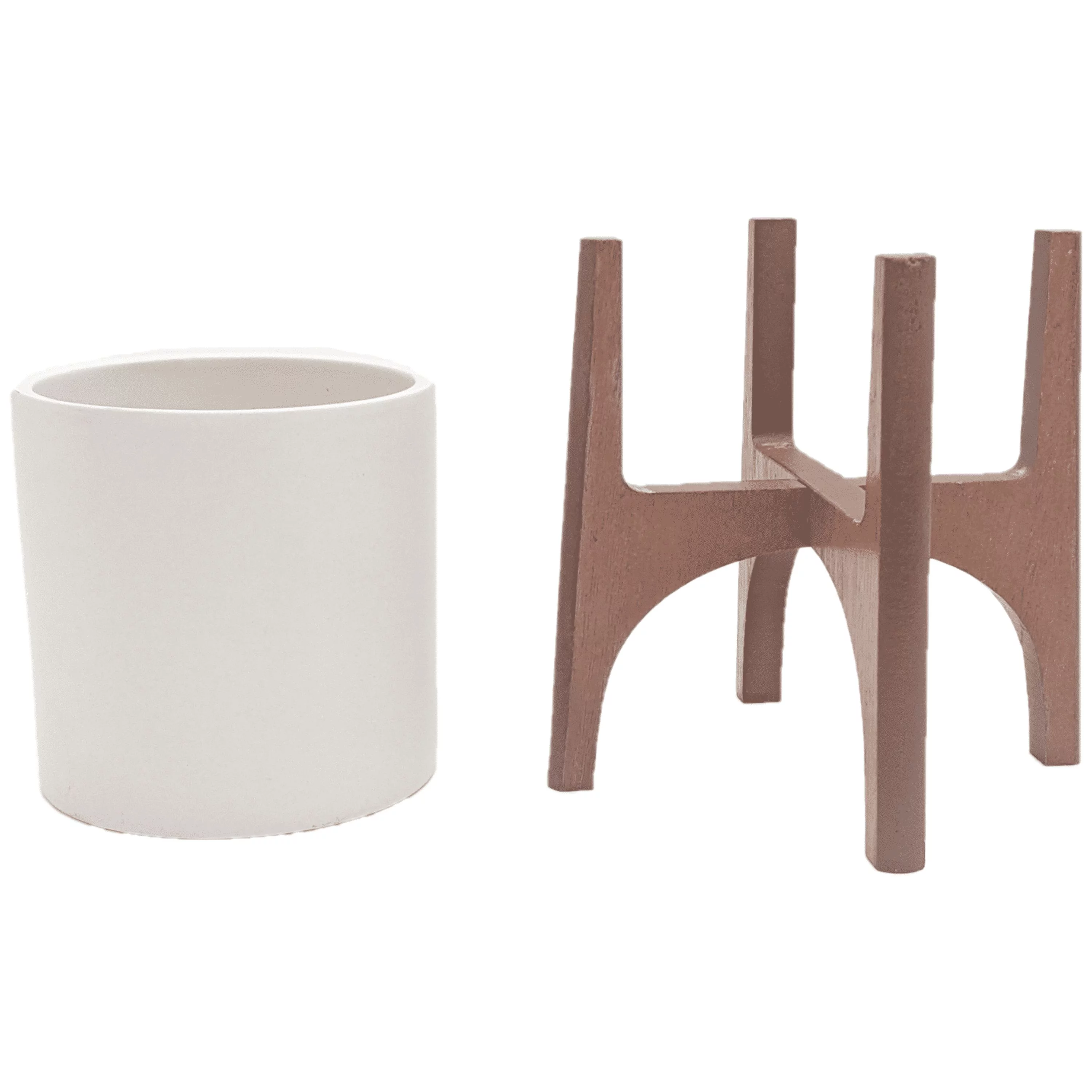 Mainstays  White Ceramic Pot with Wood Stand, 4.25