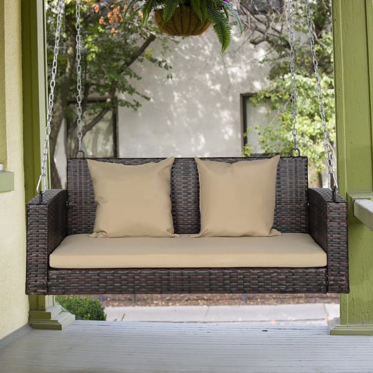 Fithood 49in Brown Gradient Rattan Beige Cushion Rattan Swing Chair（Swing frames not included）