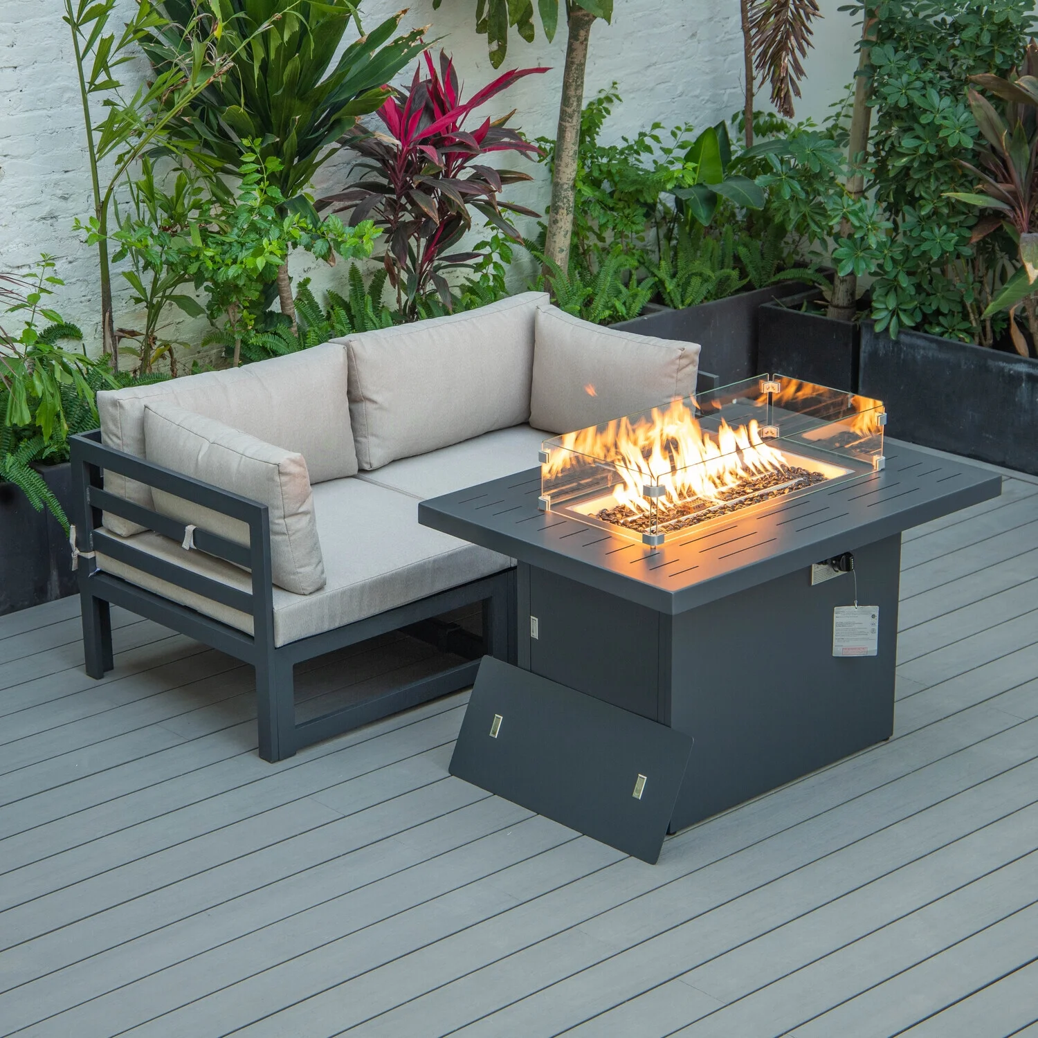 Maykoosh Modern Marvel 3-Piece Sectional Loveseat and Fire Pit Table Set Black Aluminum with Cushions