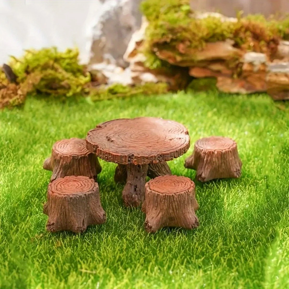 NSXXKJ 5pcs/set Mini Wooden Pile Table and Chair Ornaments, Micro Landscape Garden Creative Small Decorations, Garden Art Accessories, Resin Crafts