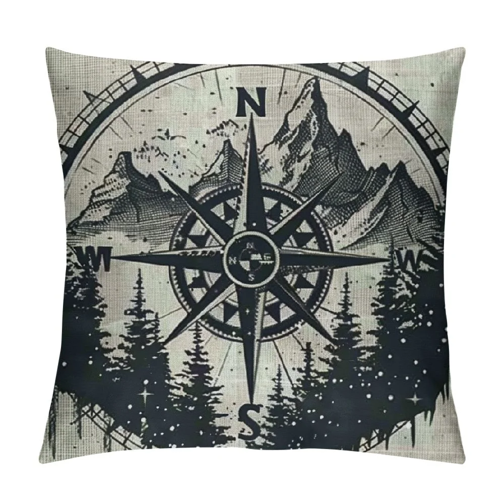 Cmefzd Throw Pillow Cover West Mountain Antique Compass Tattoo Signs in Symbols Parks Outdoor Landscape Geometric Linen Decorative Square Cushion Cover for Couch Bedroom Car Bench White
